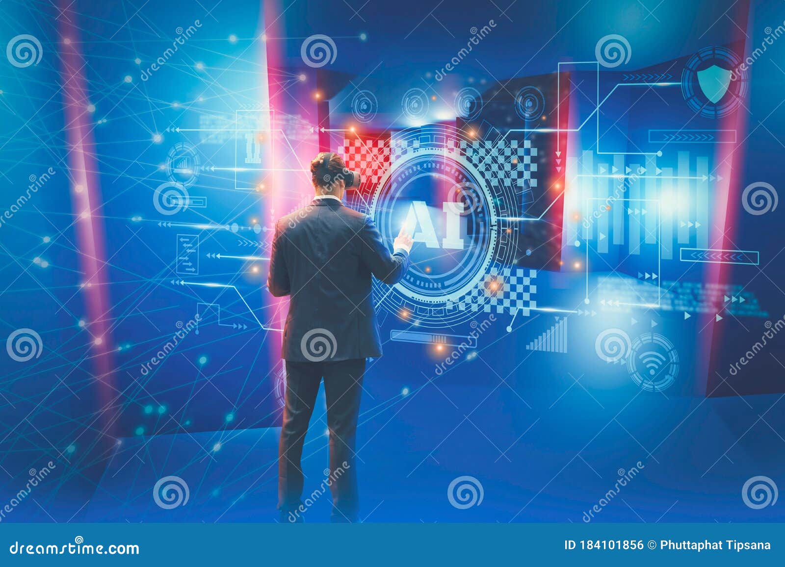 businessman using interface screen display to analyze,process operations using artificial intelligence or ai system,futuristic ind