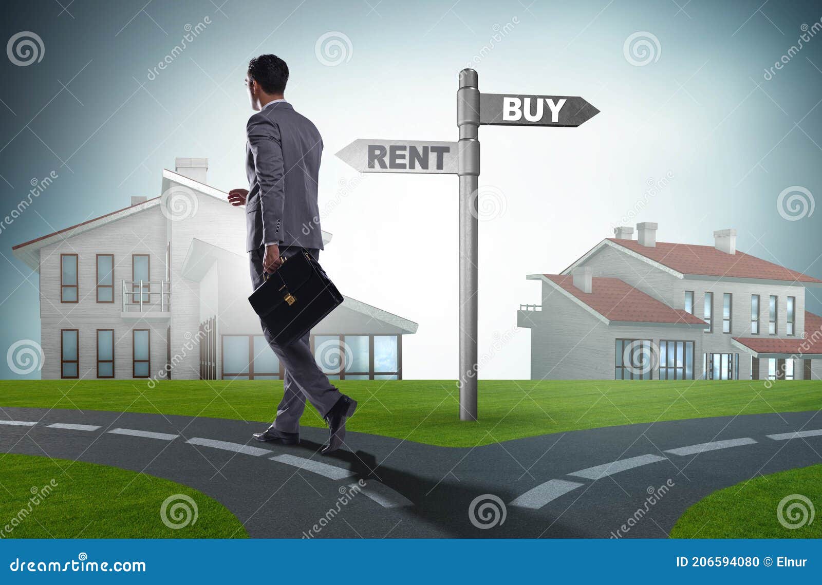 businessman at crossroads betweem buying and renting