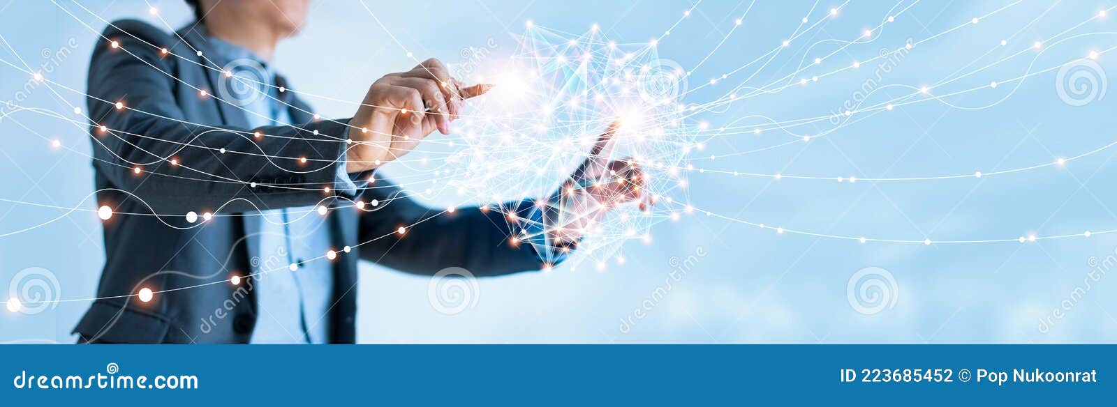 businessman drawing global structure networking and data exchanges customer connection on blue background. global business network