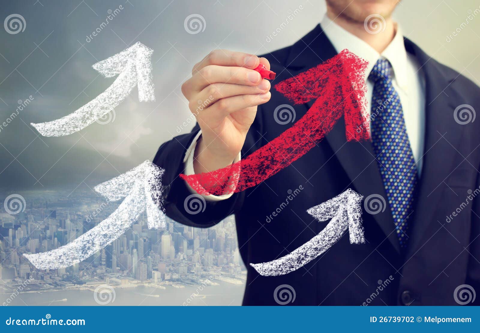Businessman Drawing Rising Arrows Stock Photo - Image of buildings ...