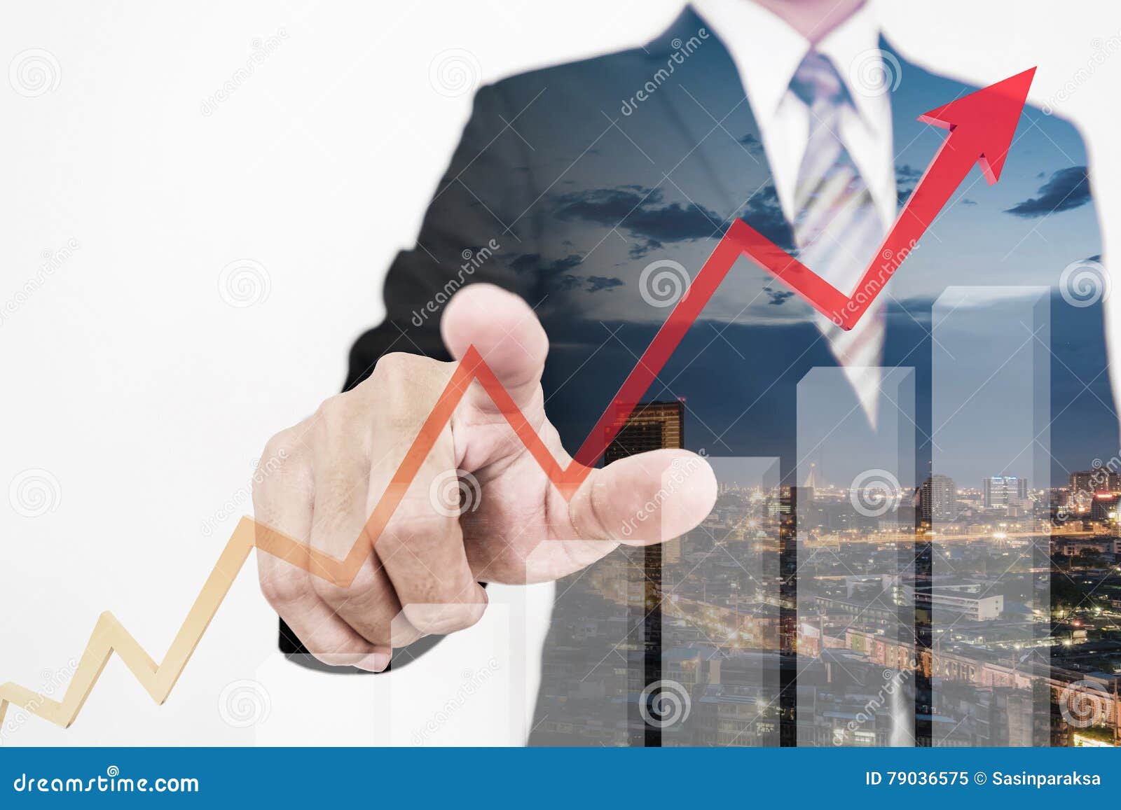 businessman drawing a rising up arrow by finger, representing business growth