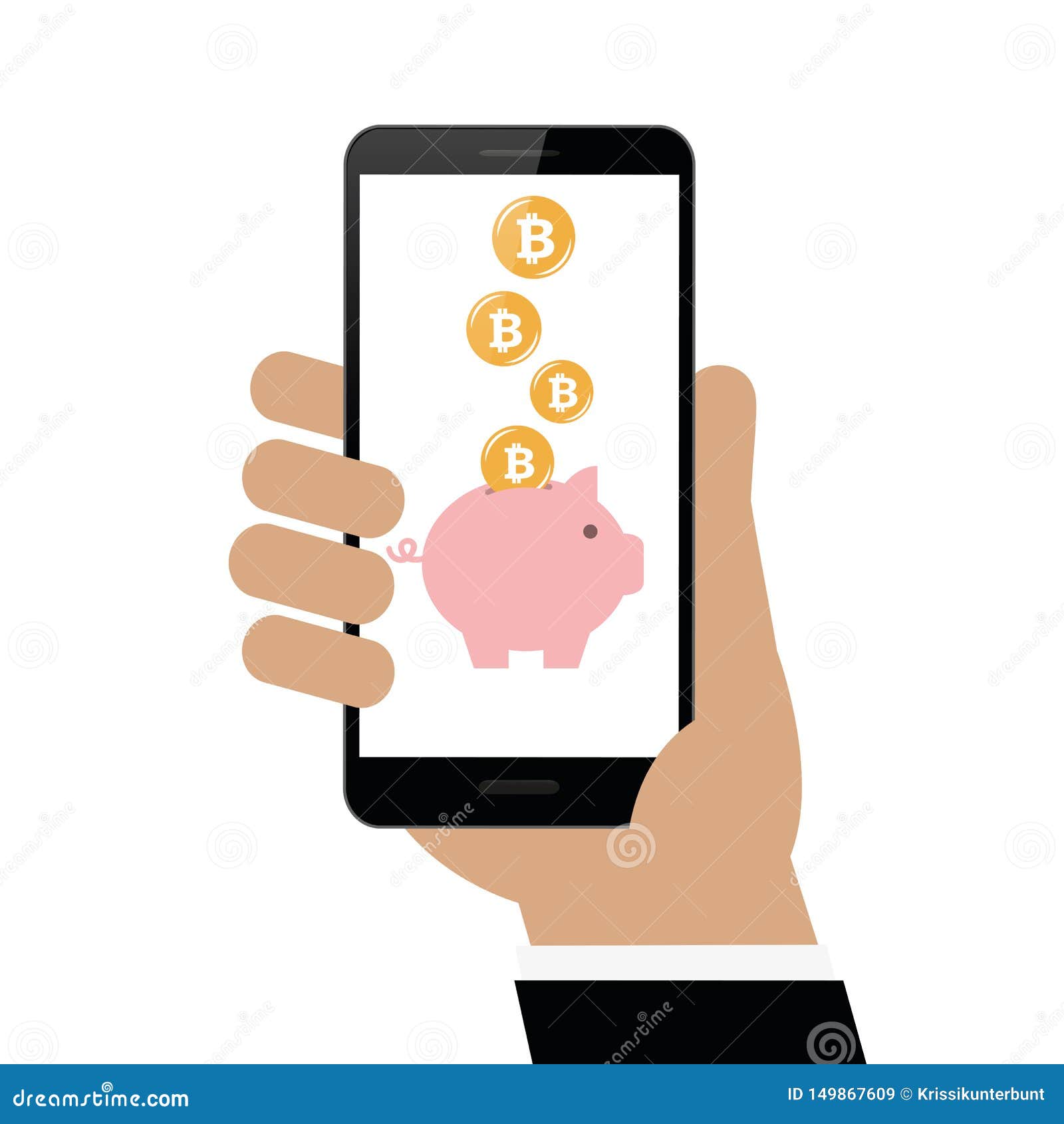 businessman earns bitcoins on smartphone with piggy bank