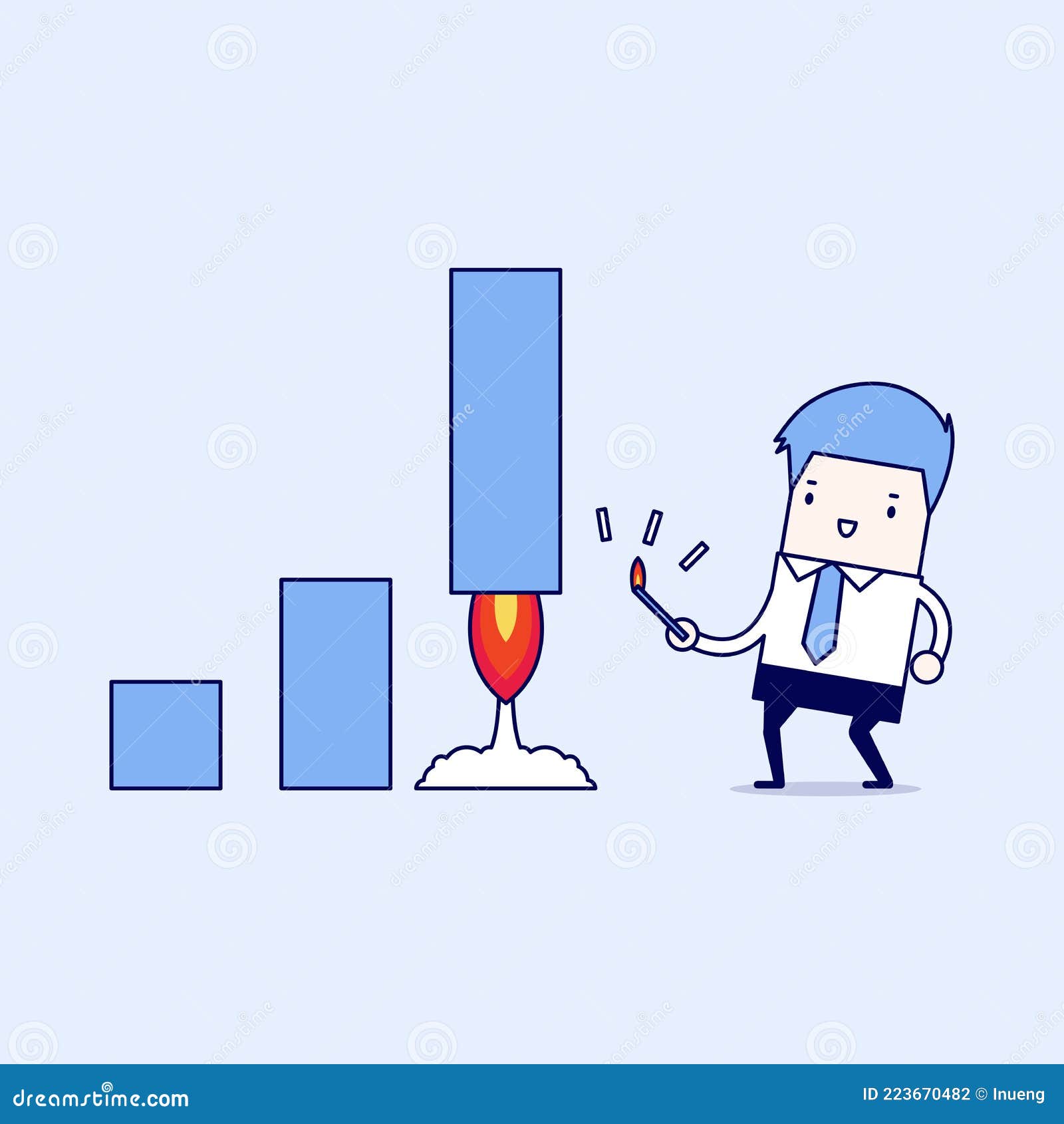 businessman fire rocket to up selling. cartoon character thin line style .