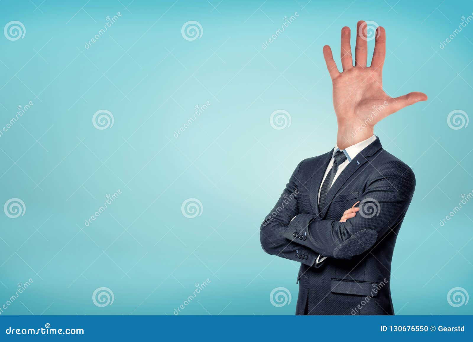 A Businessman with Folded Arms Has a Large Wide Opened Hand and Fingers ...