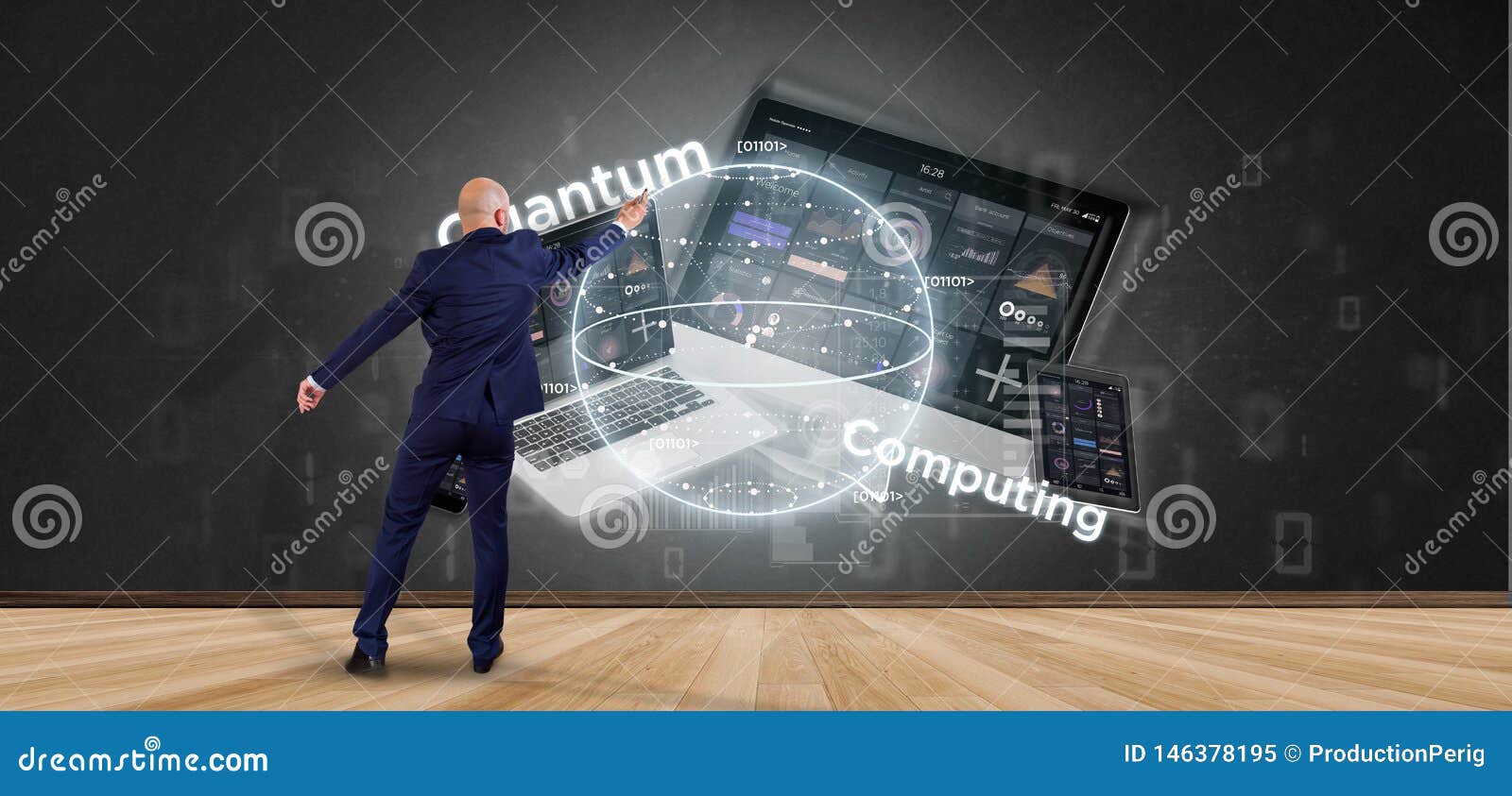 businessman in front of a wall with quantum computing concept with qubit and devices 3d rendering