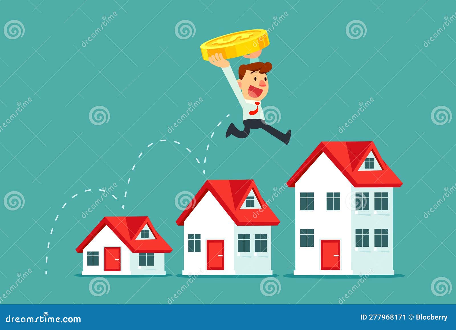 businessman with gold coin jump over the roof to taller house