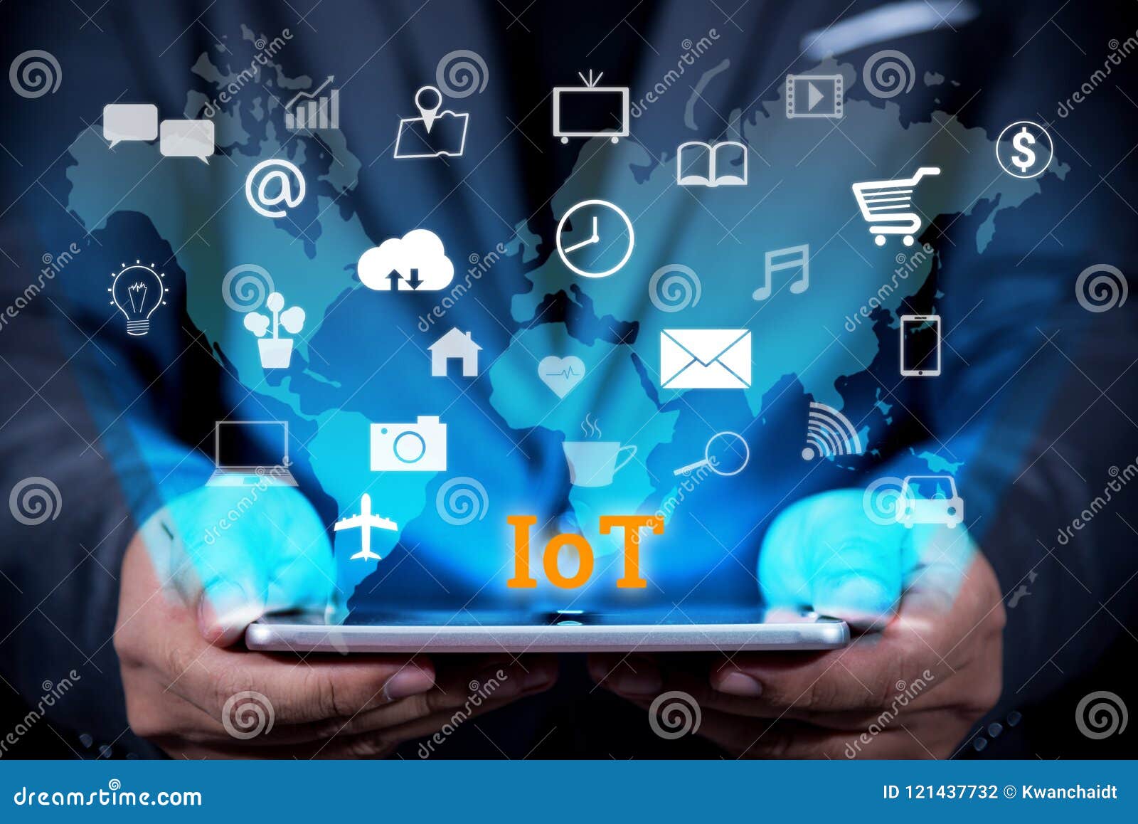 businessman hand holding tablet showing virtual internet of thin