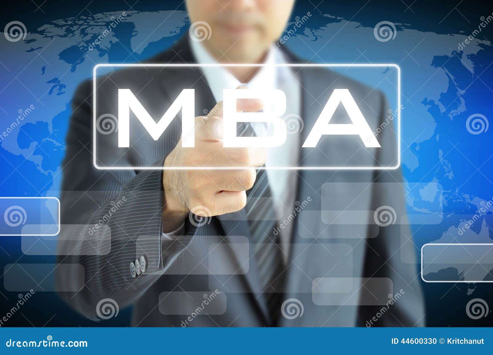 businessman hand pointing to mba sign on virtual screen