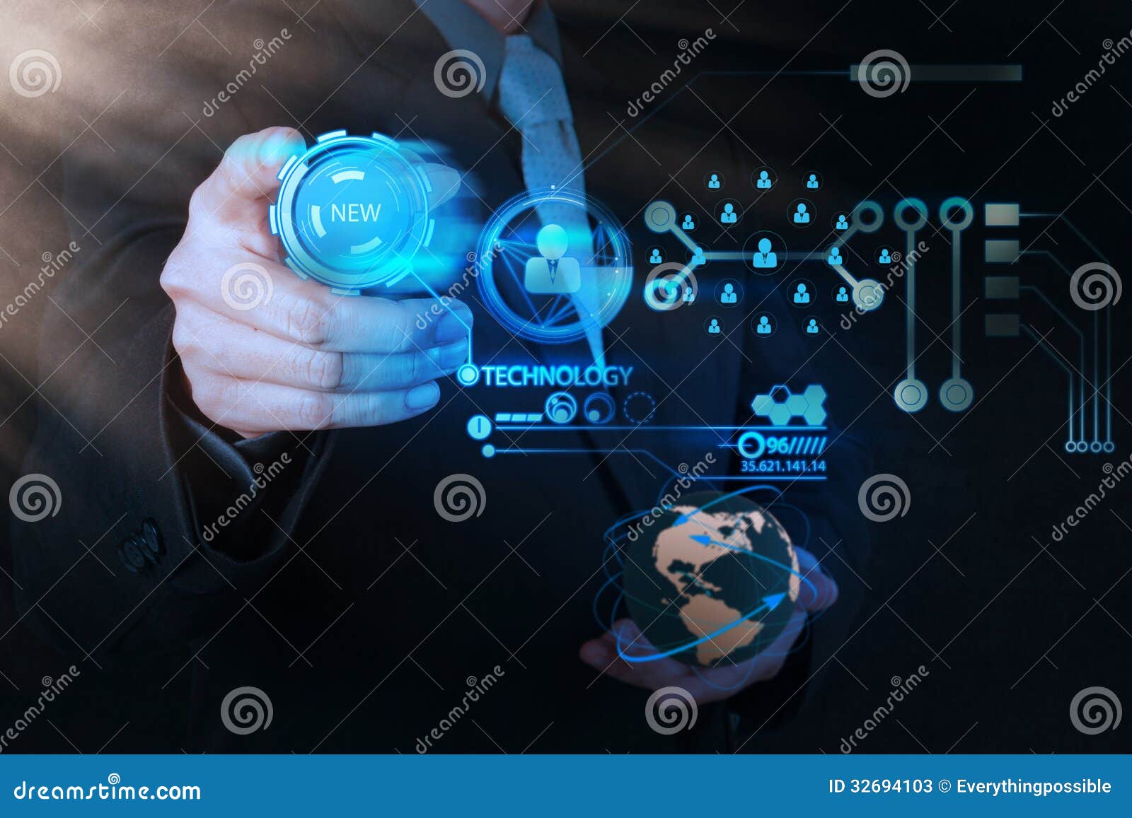 businessman hand pushing new technology button on modern comput