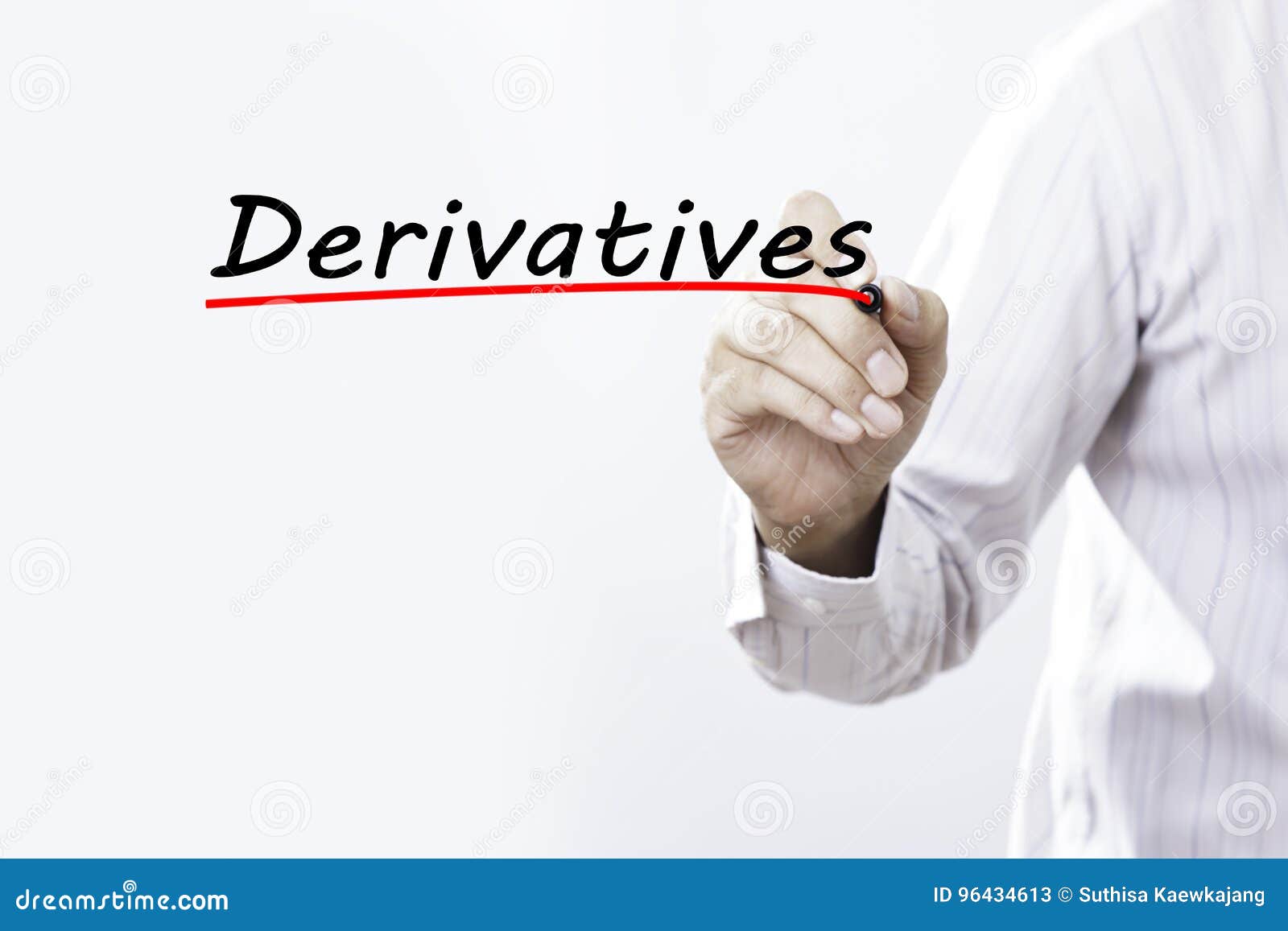 businessman hand writing derivatives with red marker on transparent wipe board, business concept