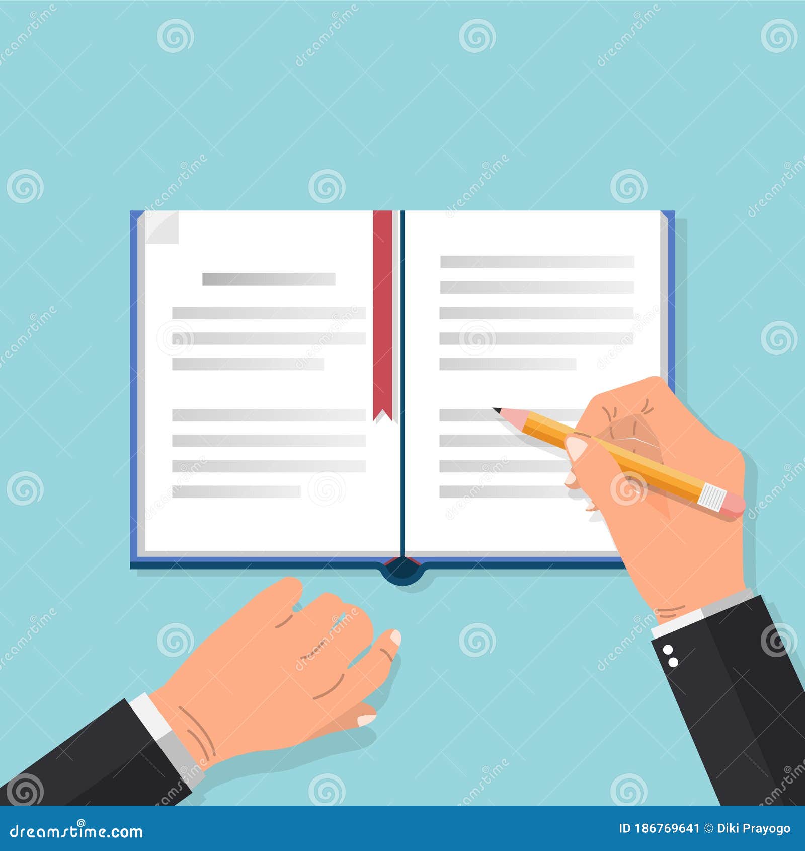 businessman hands with pen writes on a book page. studying and summarize concept. flat style  