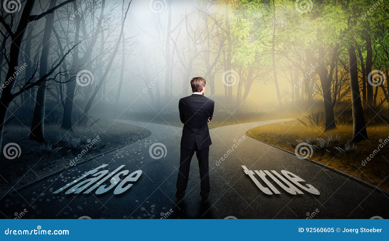 businessman has to decide which direction is better with the words `false` and `true`