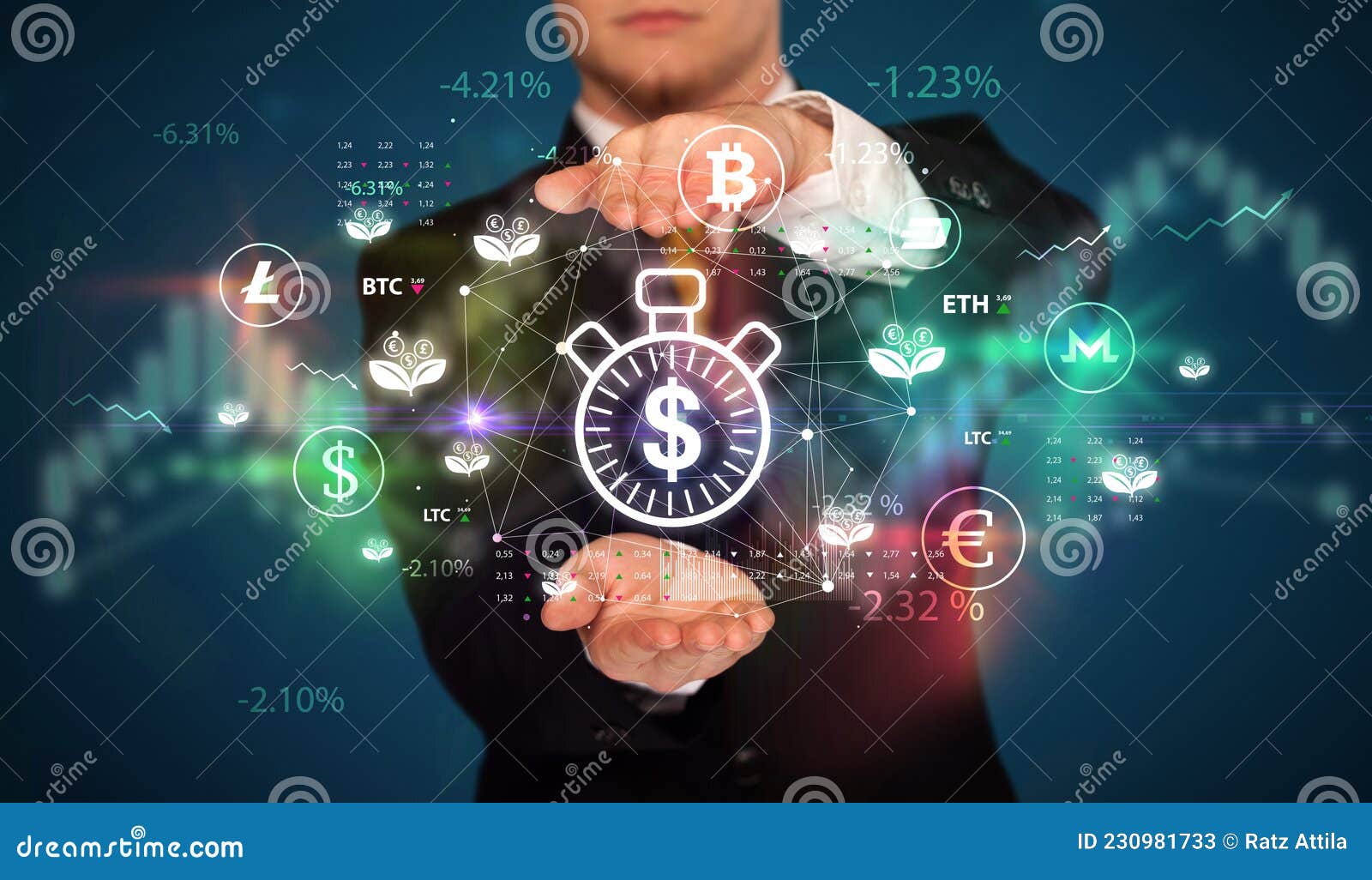Businessman Holding Currency Symbols Concept Stock Illustration Illustration Of Financial Finance 230981733