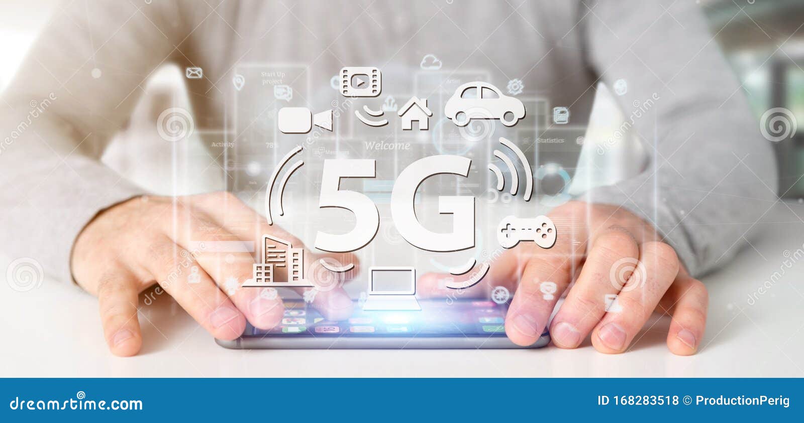 businessman holding a 5g connection with data surrounding - 3d rendering