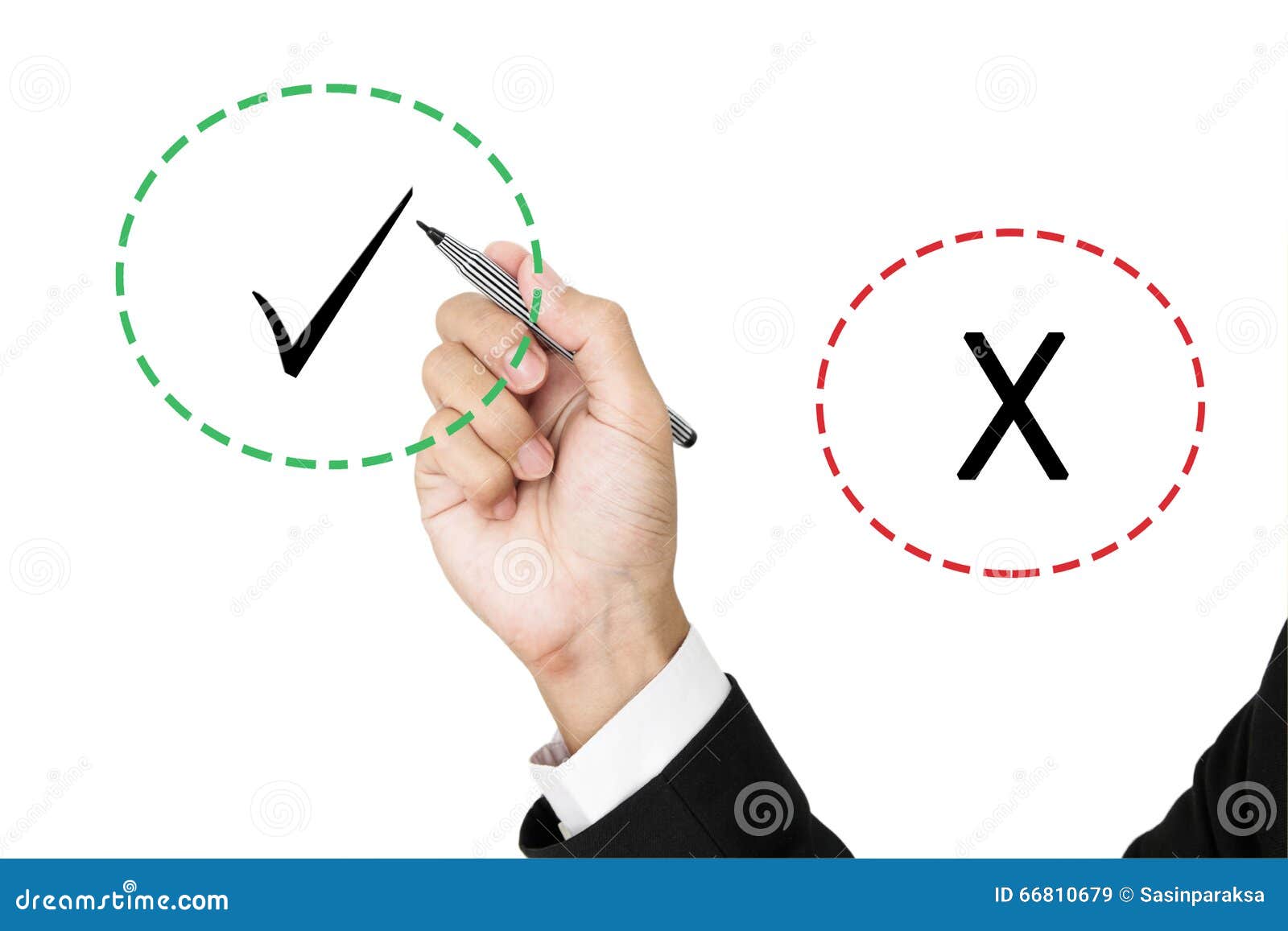 businessman holding pen choosen between correct and incorrect marks,  on white background