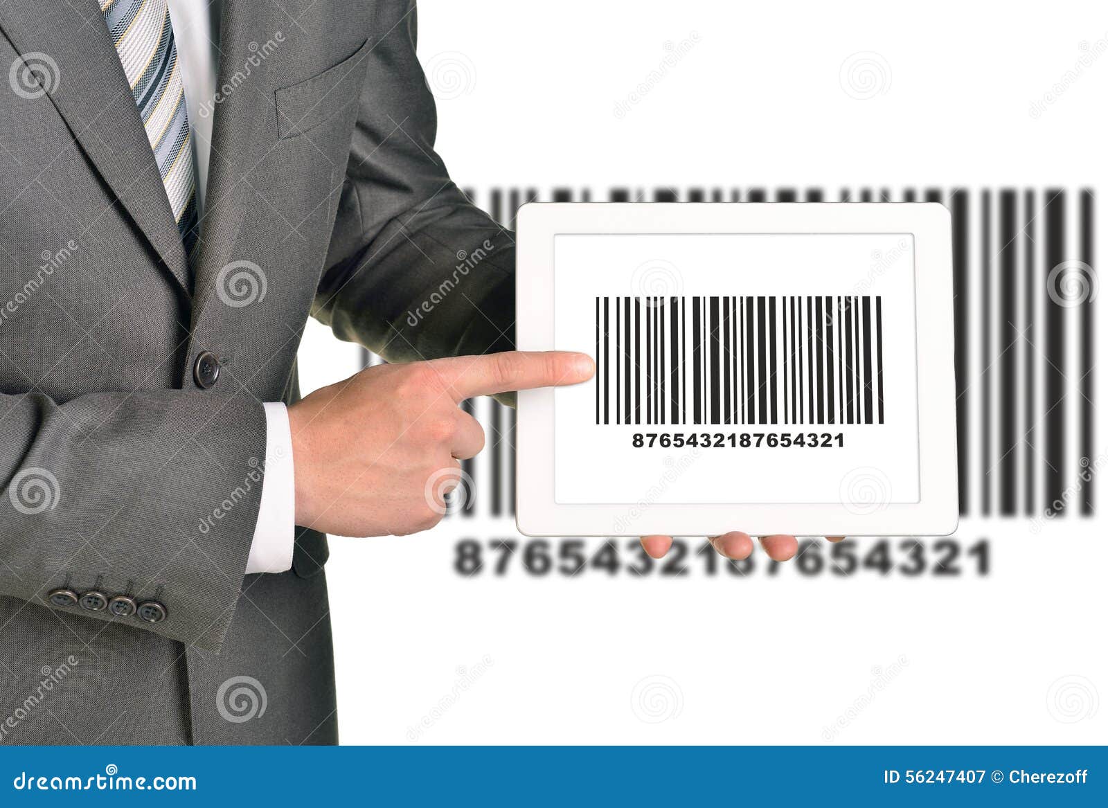 Businessman holding UPC code. Businessman holding picture with UPC code on isolated white background with code