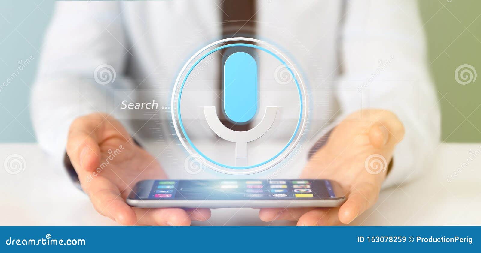 businessman holding a vocal search system with button and icon3d rendering