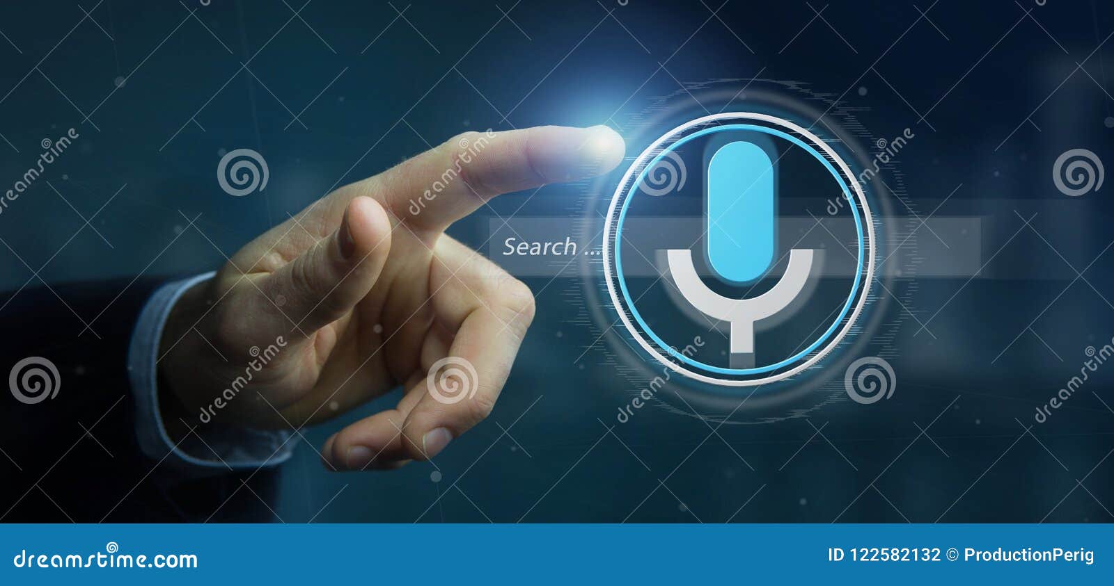 businessman holding a vocal search system with button and icon3d rendering