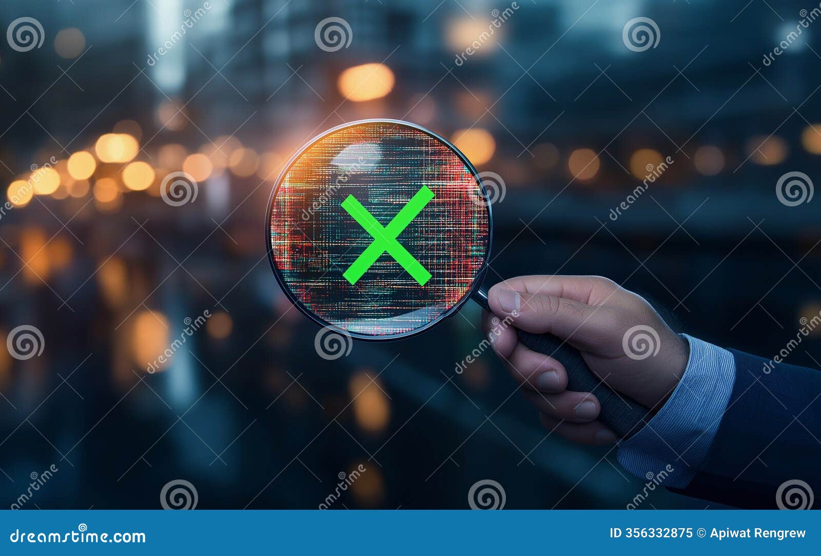 businessman holds magnifying glass displaying digital error  izing scrutiny and analysis in modern urban setting