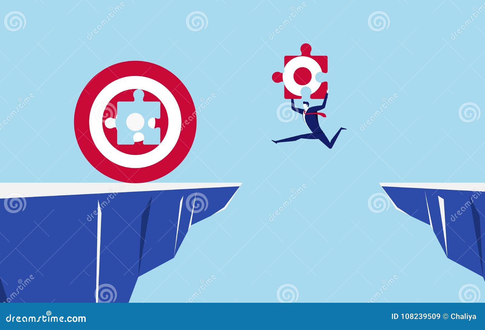 businessman holds a part of the target jumping through the gap obstacles between hill to fill big target and success.