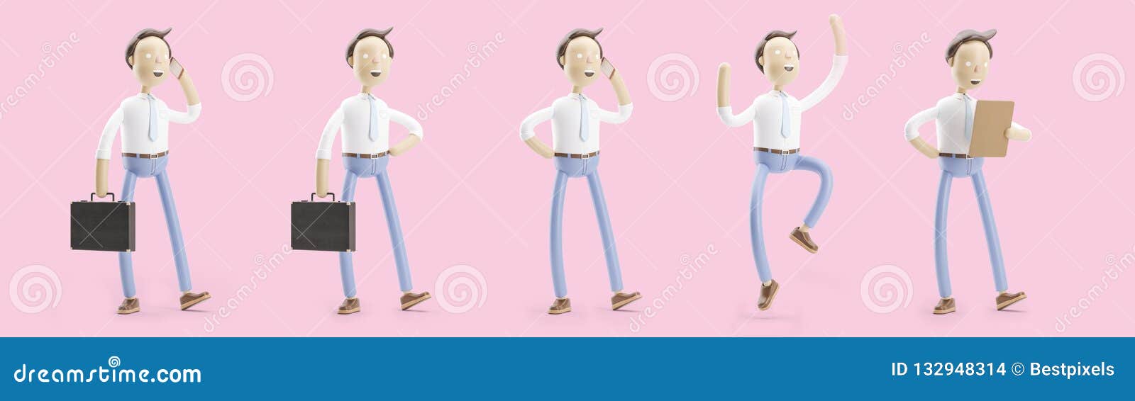 set of 3d . businessman jimmy is standing with a briefcase.