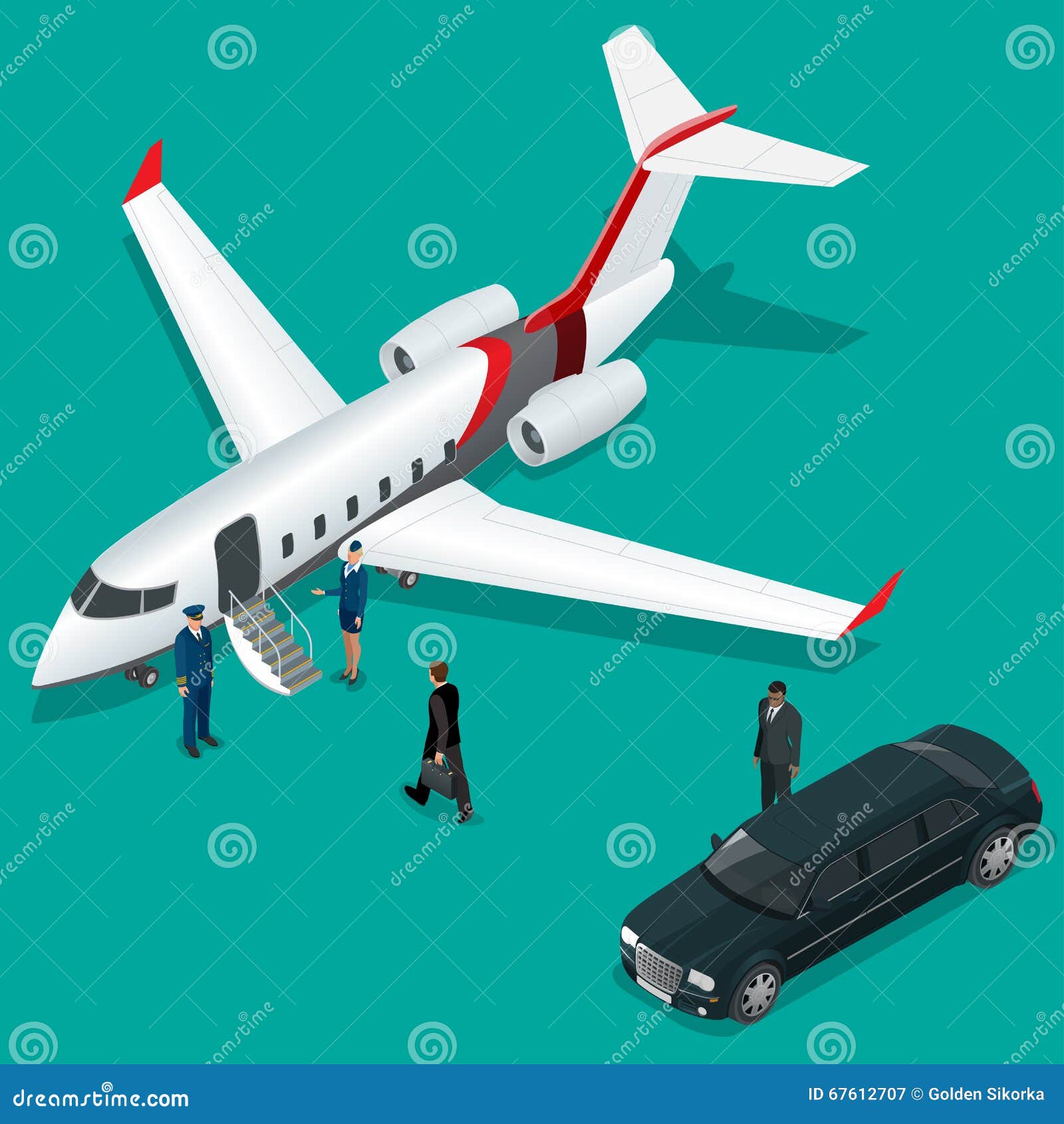 businessman with luggage walking towards private jet at terminal. bussines concept stewardess, pilot, limousine