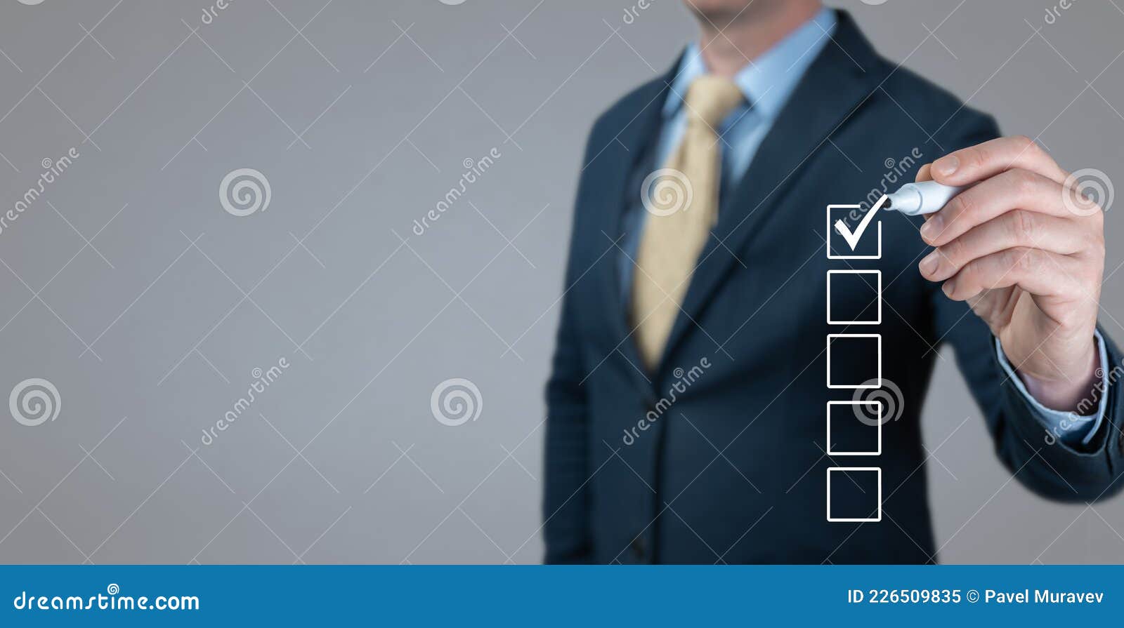 Businessman Making Right Decision. Blank Checklist on the Whiteboard
