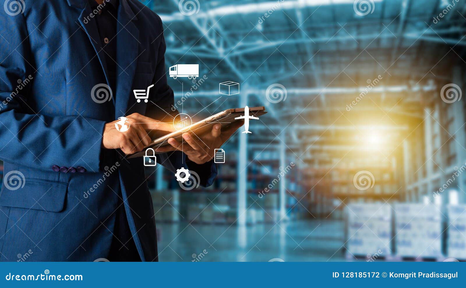 businessman manager touching icon of logistics on tablet