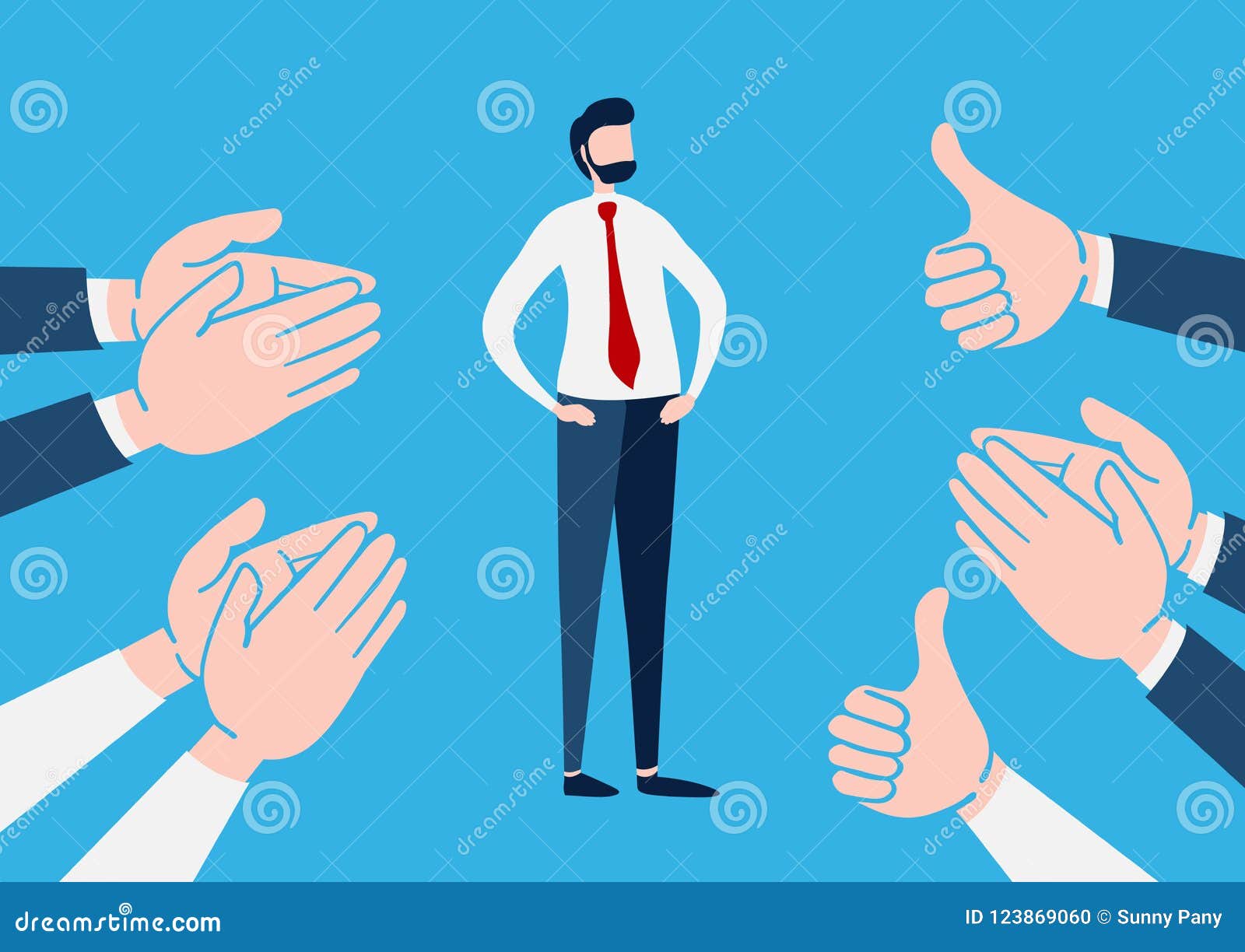 businessman with many hands clapping ovation and thumps up, applaud hands. flat cartoon character.  