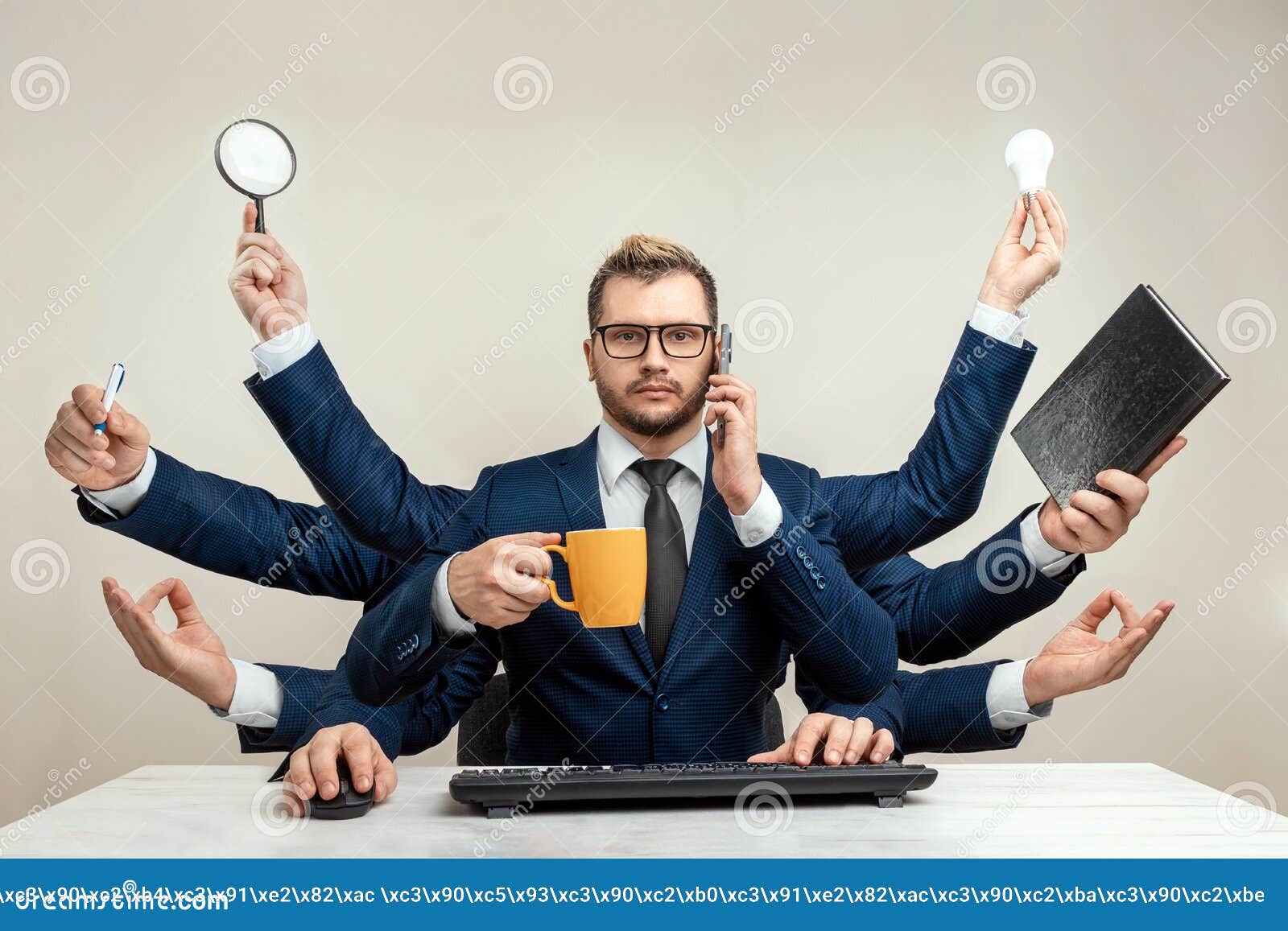 businessman with many hands in a suit. works simultaneously with several objects, a mug, a magnifying glass, papers, a contract, a