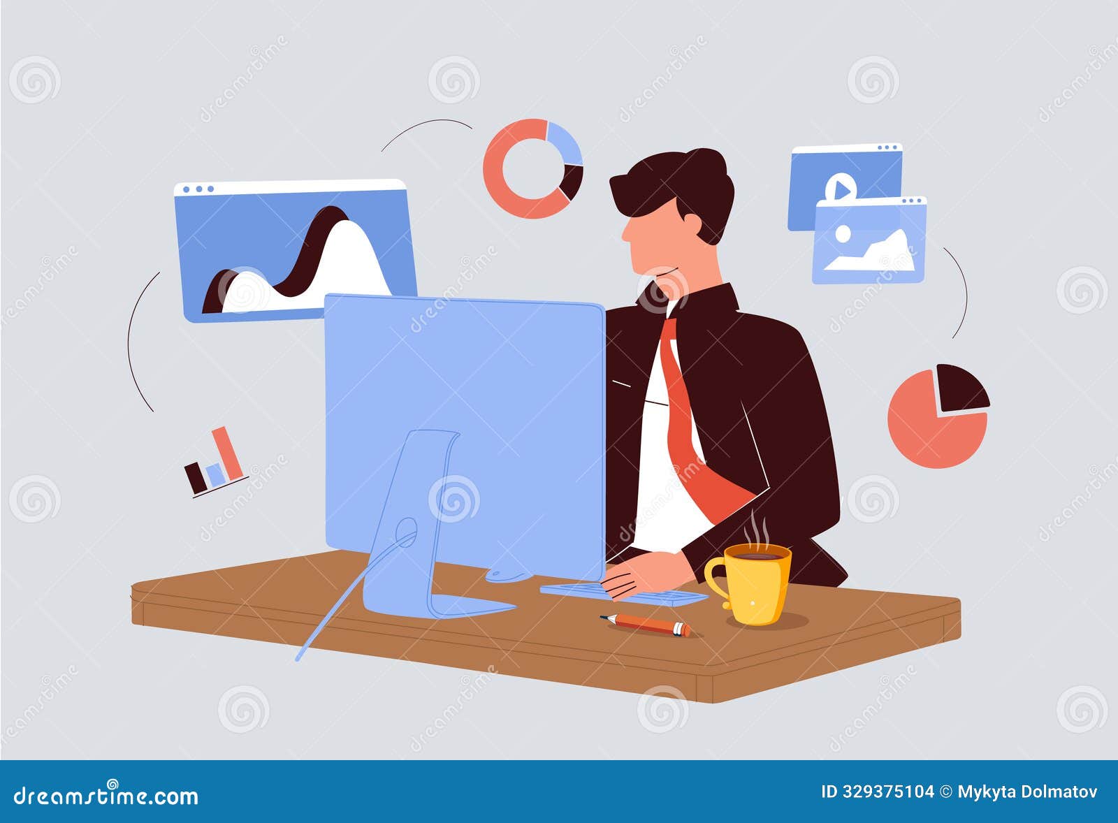 businessman marketer working at the computer in the office,  flat  of programmer, business analyst