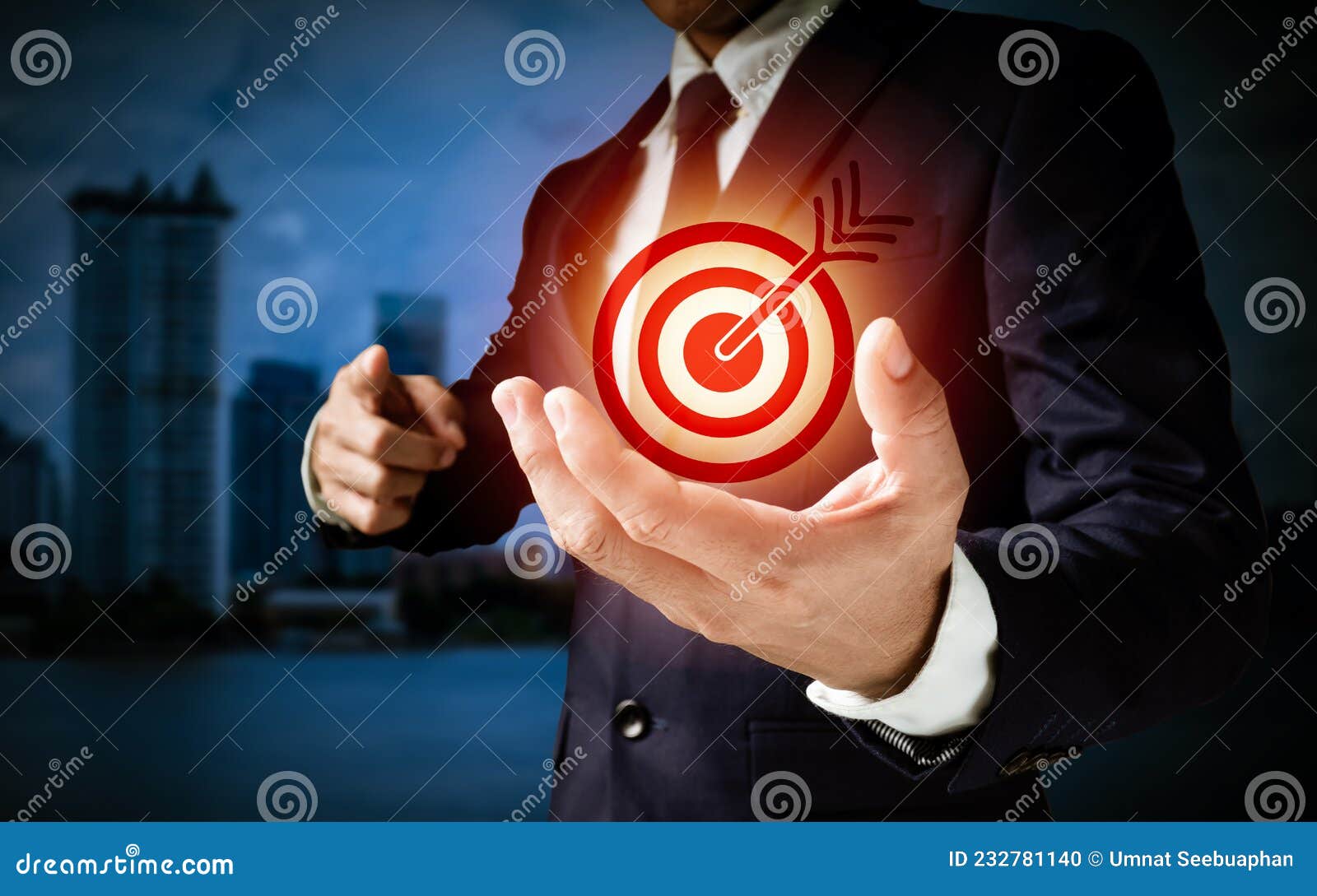 a businessman mentions in the center of a circular target, a red dart is placed. communicate the target's company success