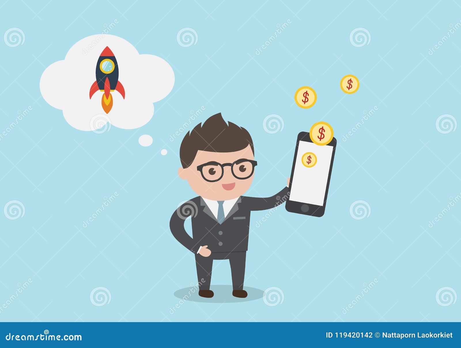 Businessman with Mobile Phone - Make Money Online. a Young Businessman  Holding Smartphone Cartoon for Business Start Up Concept Stock Vector -  Illustration of graph, margins: 119420142