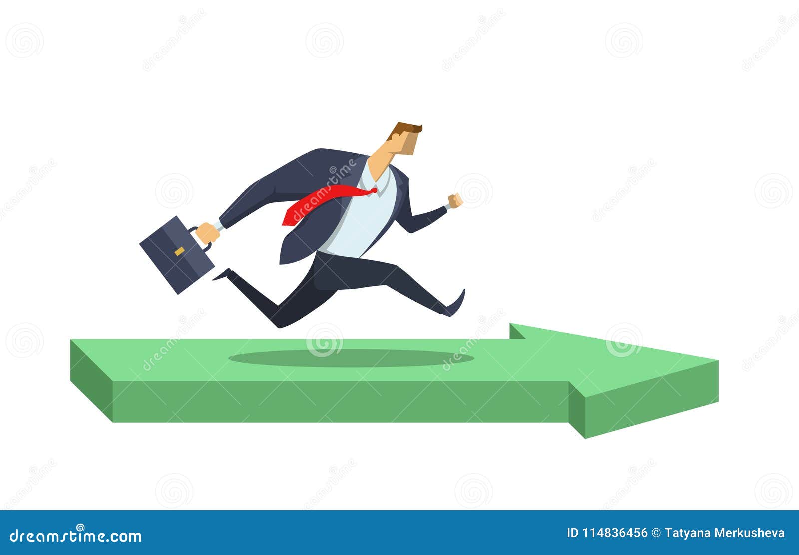 Businessman in office suit running in direction pointed with green arrow. Achieving goals. Race for success. Hurry up. Businessman in office suit running in direction pointed with green arrow. Goals and achievements. Race for success. Hurry up. Concept flat vector illustration, isolated on white background.