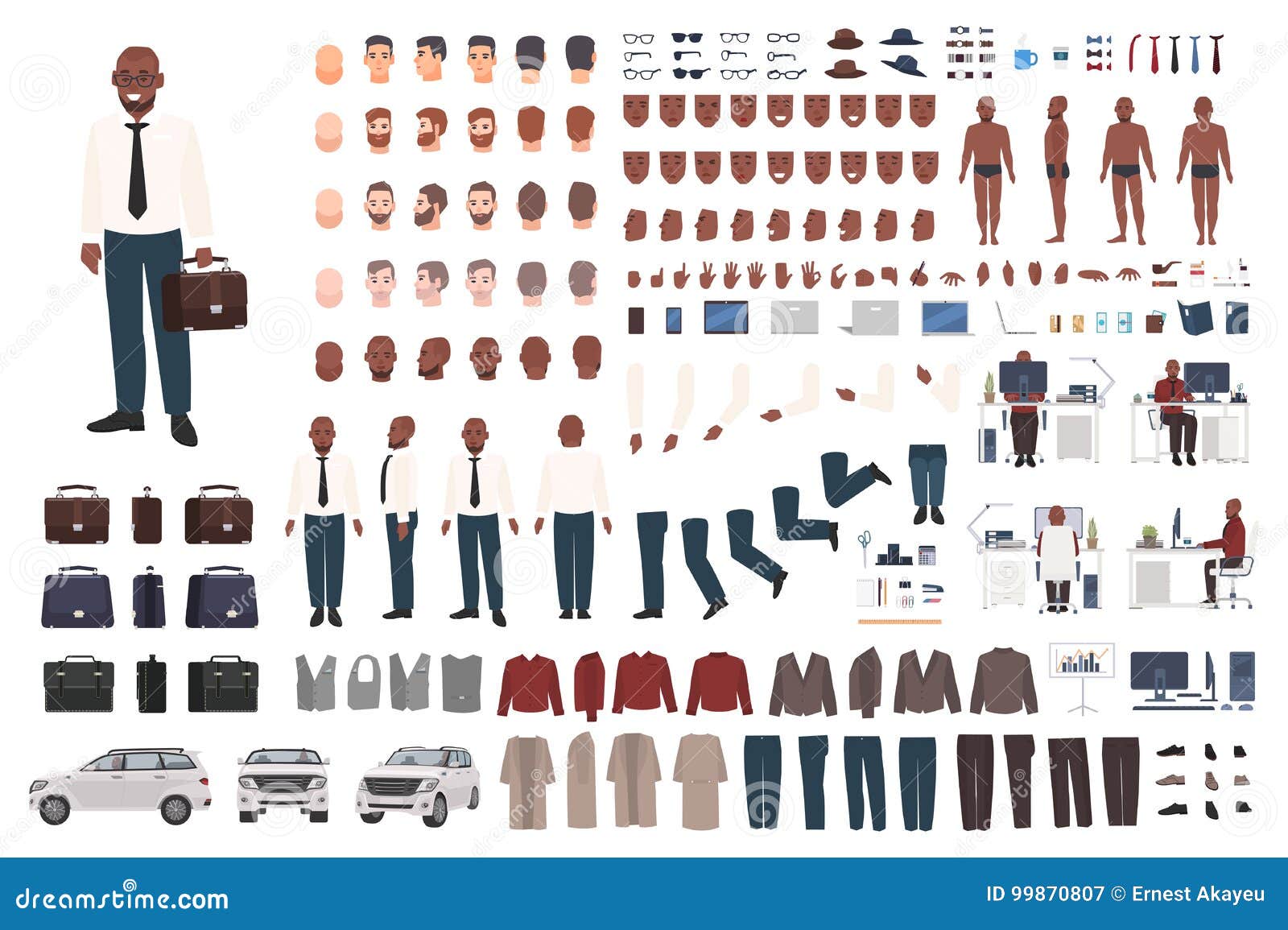 businessman or office worker creation kit. collection of flat male cartoon character body parts, facial gestures, smart