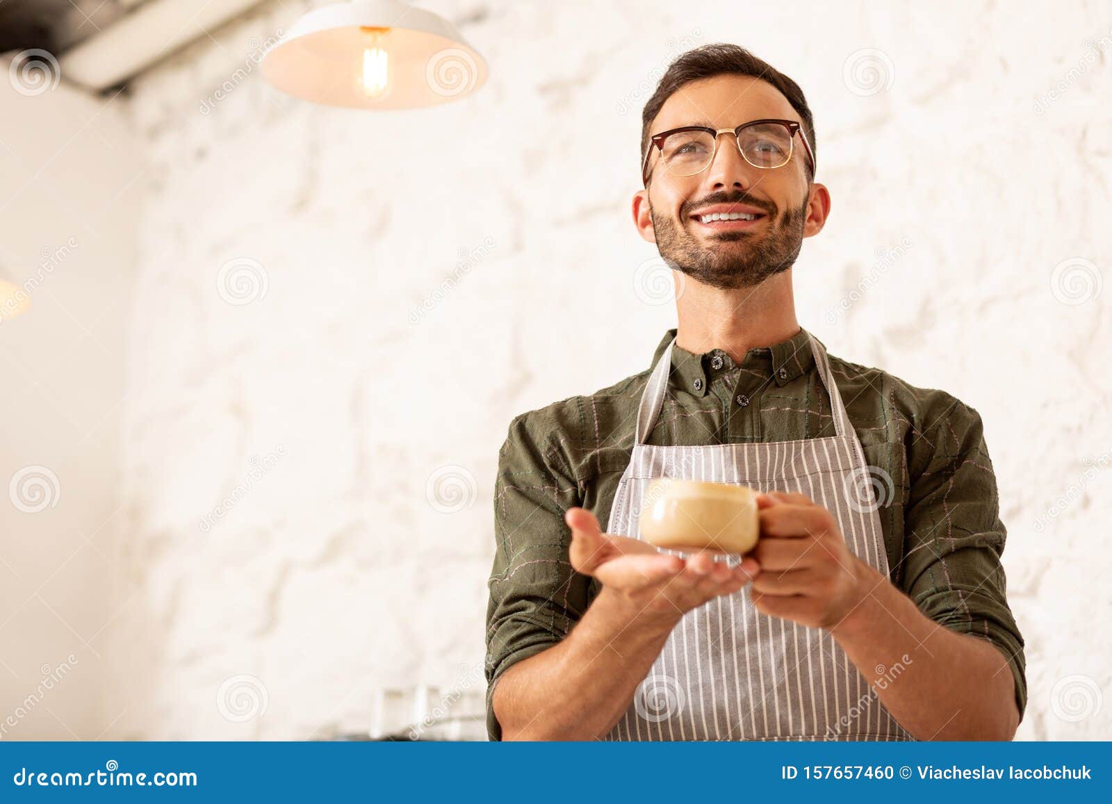 Businessman Owning Cafe Holding Cup of Coffee with Milk Stock Photo ...