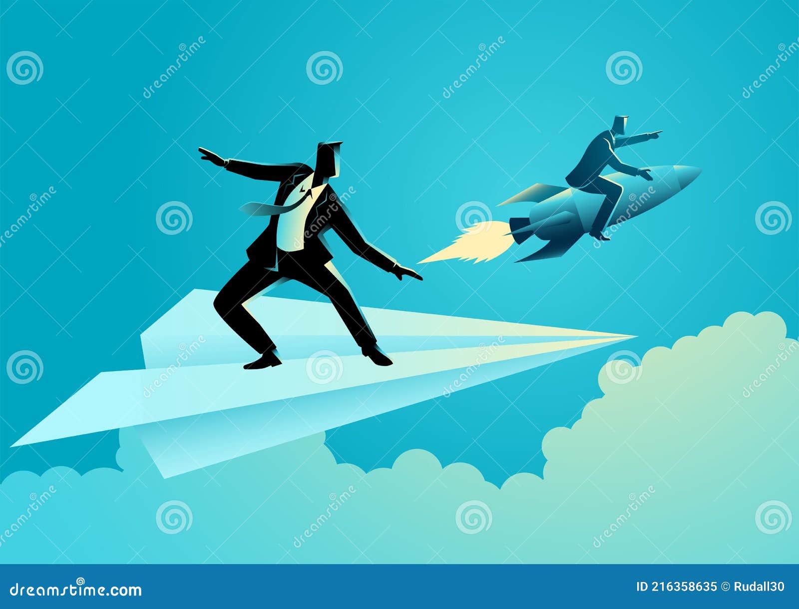 businessman on paper plane compete with a businessman on a rocket