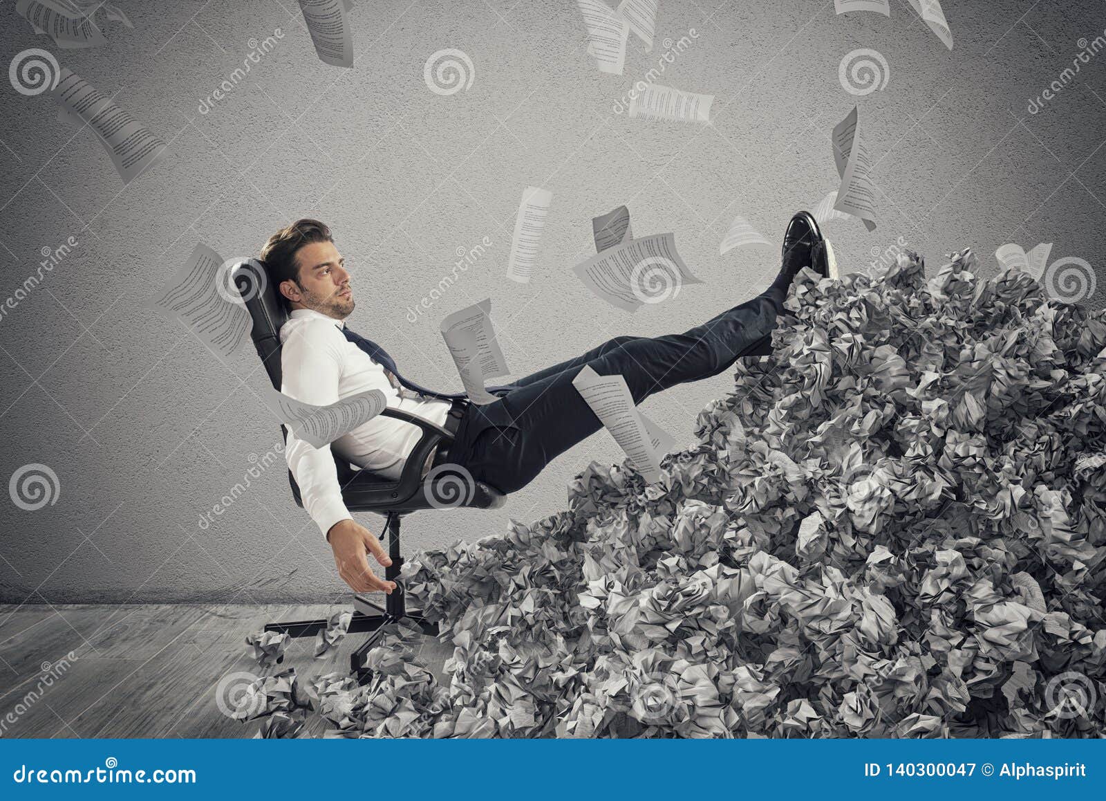 businessman with paper sheet anywhere. buried by bureaucracy. concept of overwork
