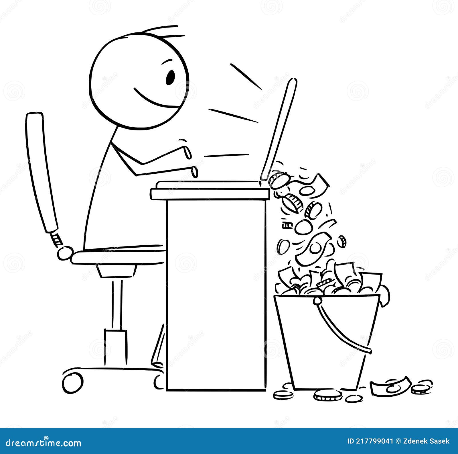 person or businessman doing business on computer and earning money online,  cartoon stick figure 