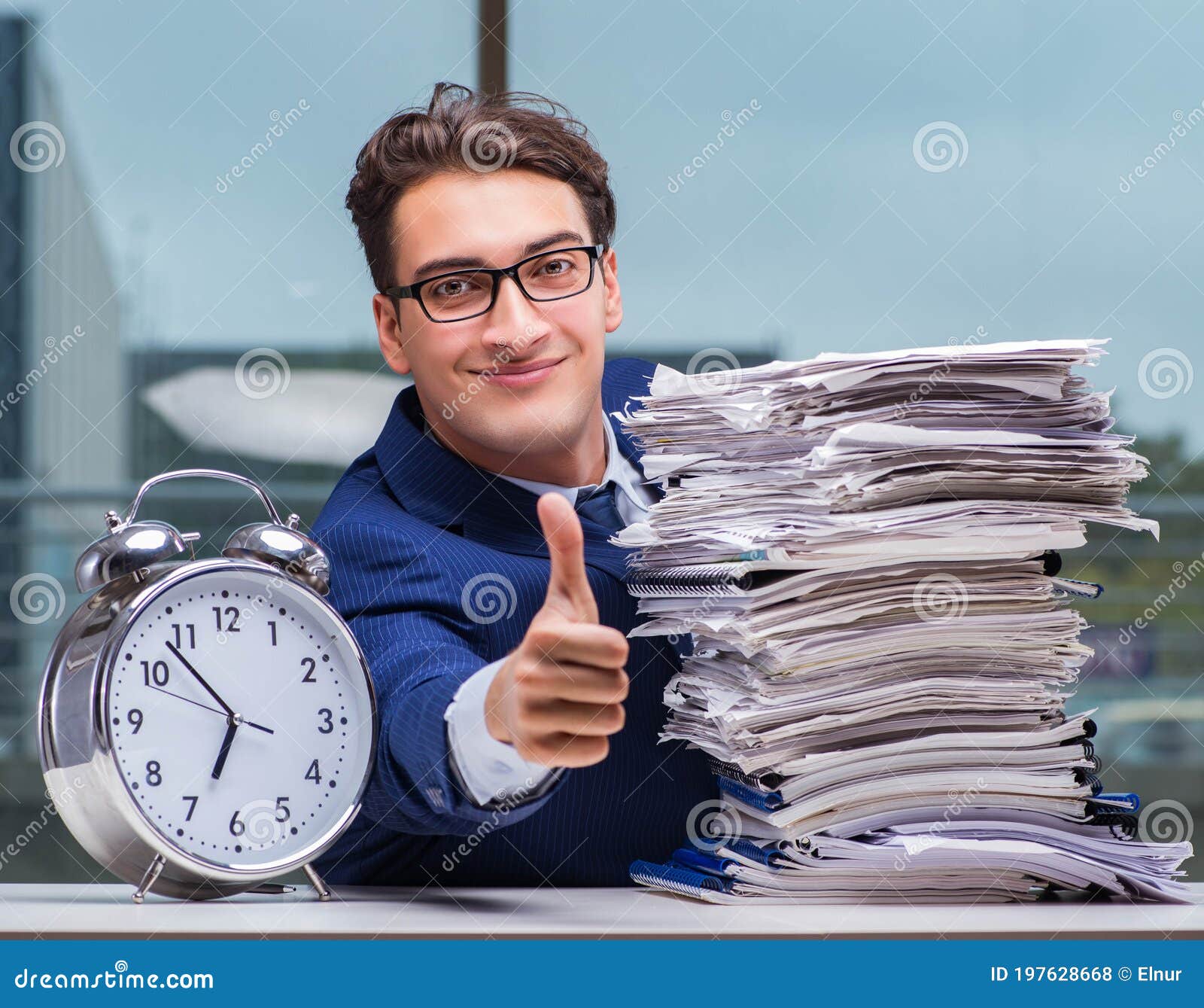 Businessman With Pile Stack Of Paper Paperwork And An Alarm Cloc Stock Photo Image Of Desk