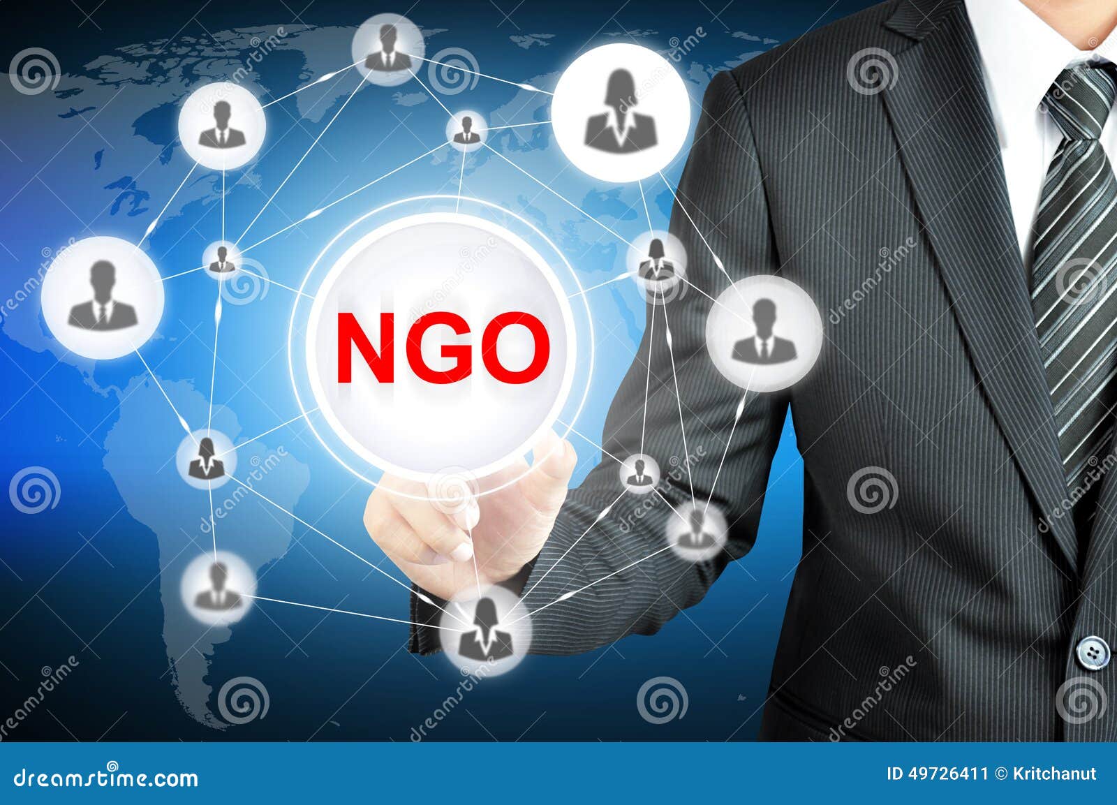 businessman pointing on ngo (non-governmental organization) sign on virtual screen