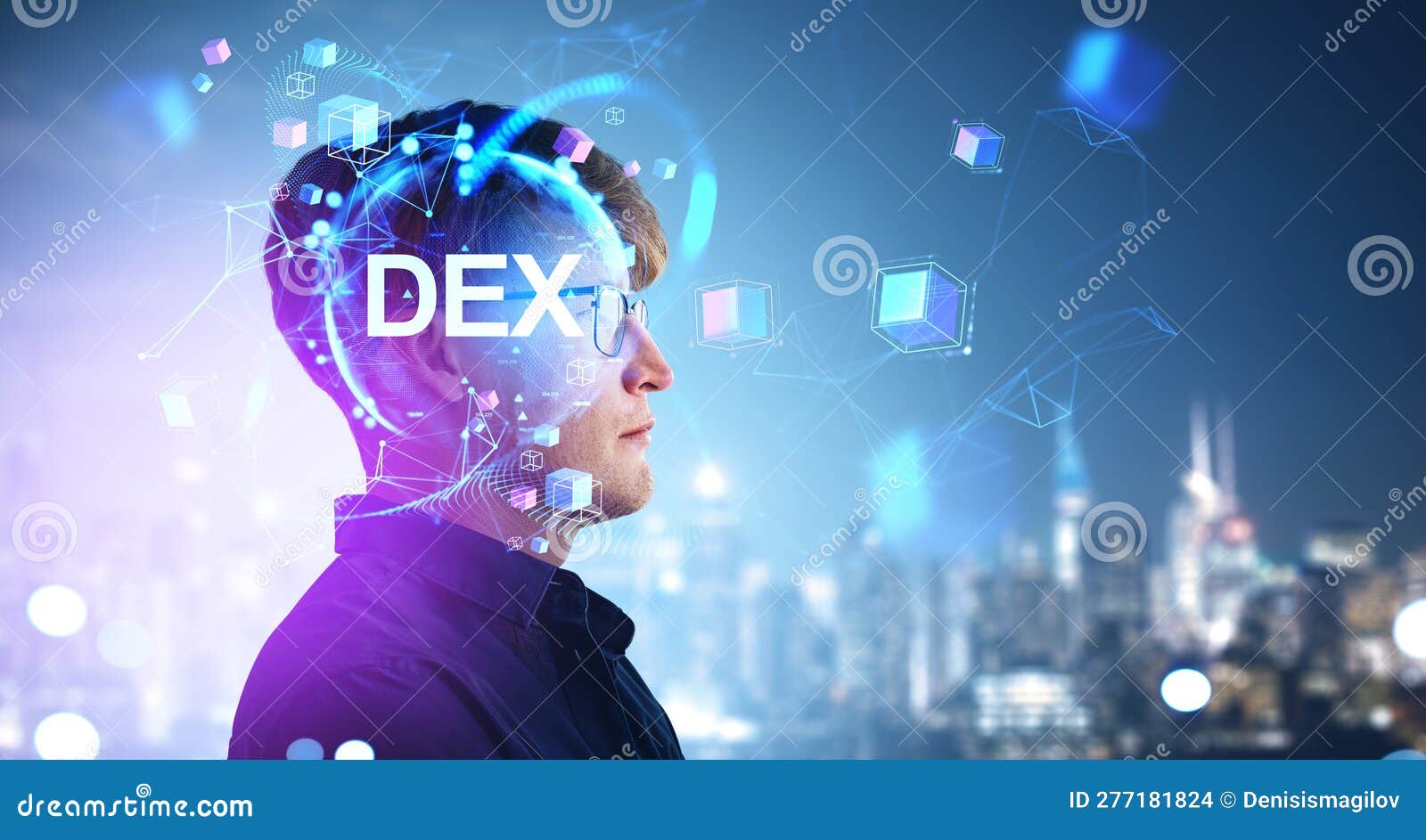 businessman portrait and dex, earth globe hologram and blockchai