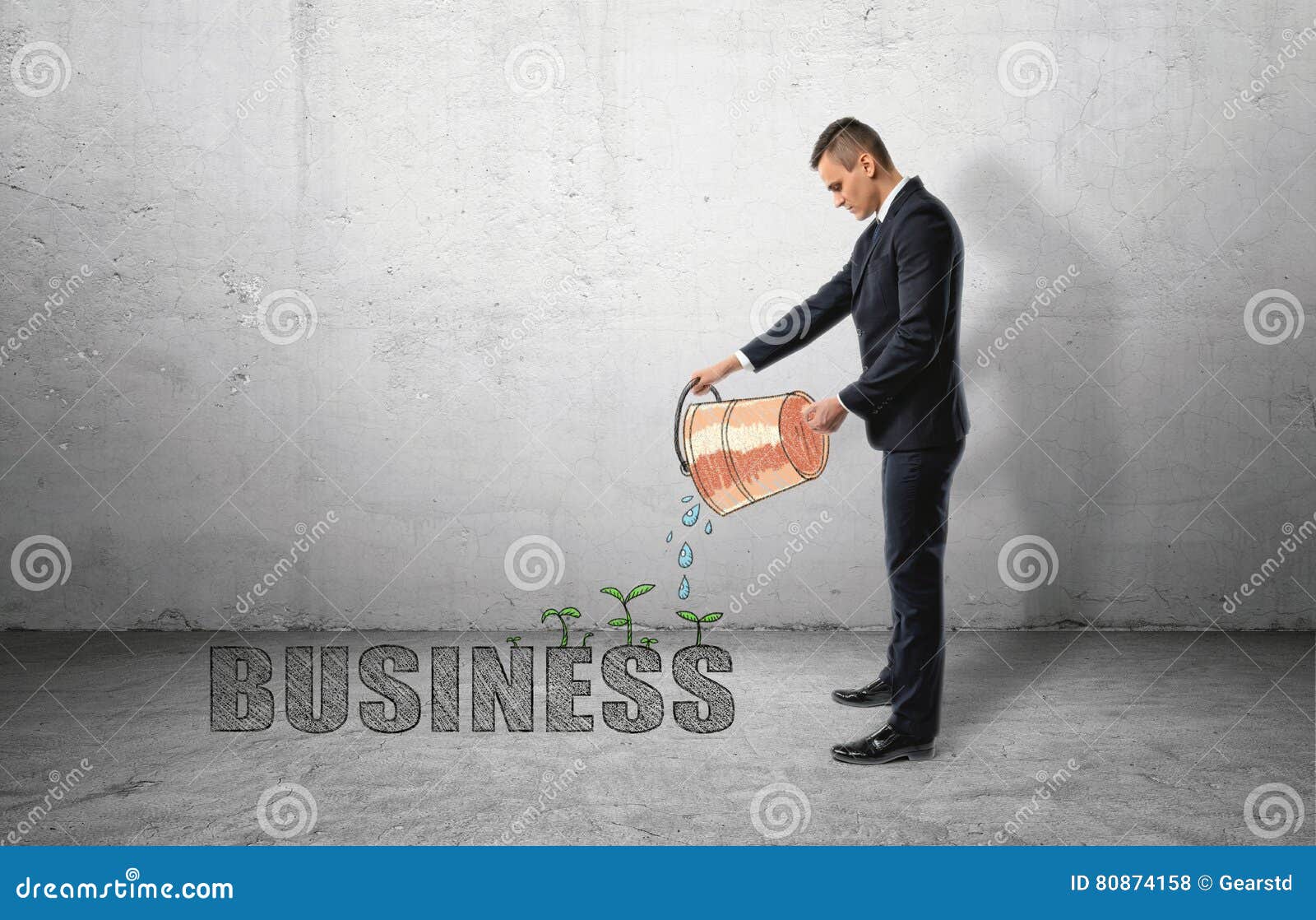 businessman pouring water from bucket to `buisness` word with green plants