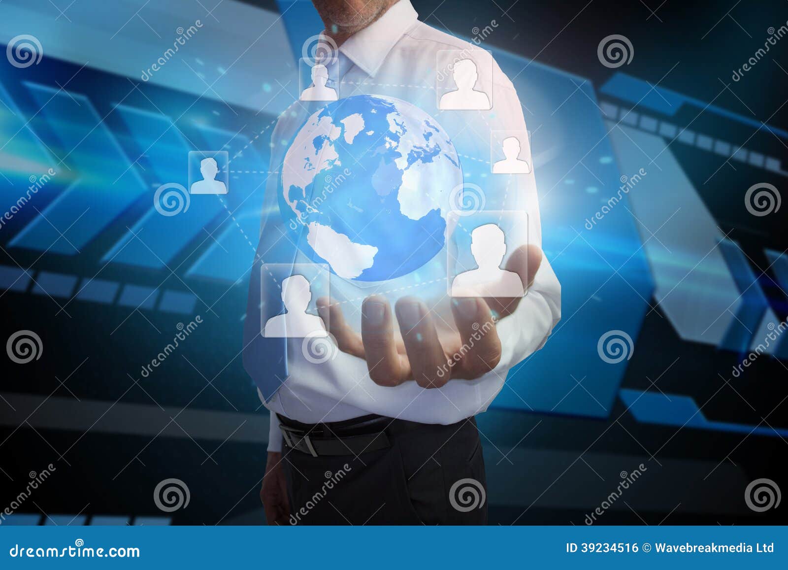 Businessman Presenting Earth with Profile Pictures Stock Photo - Image ...