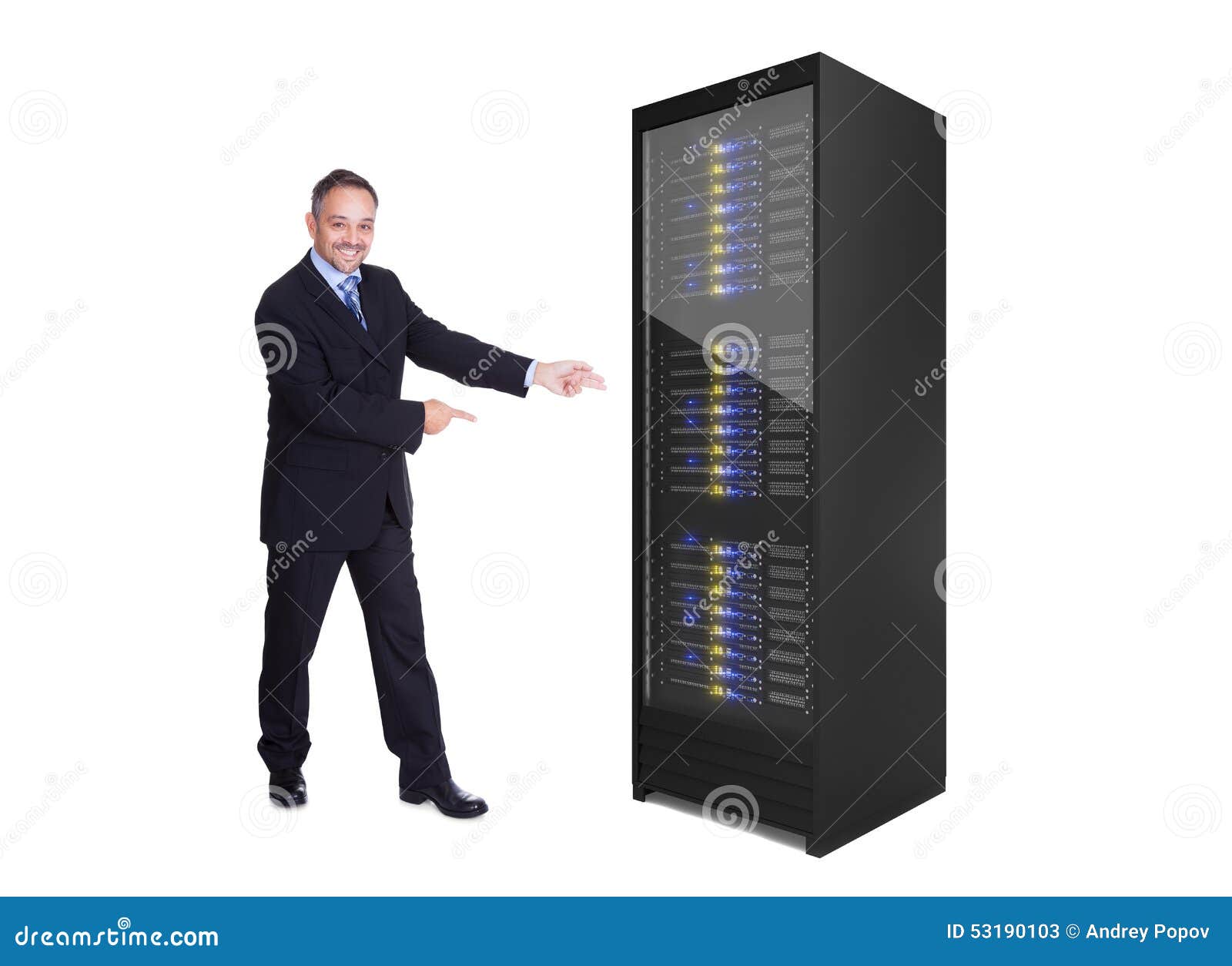 businessman presenting server rack