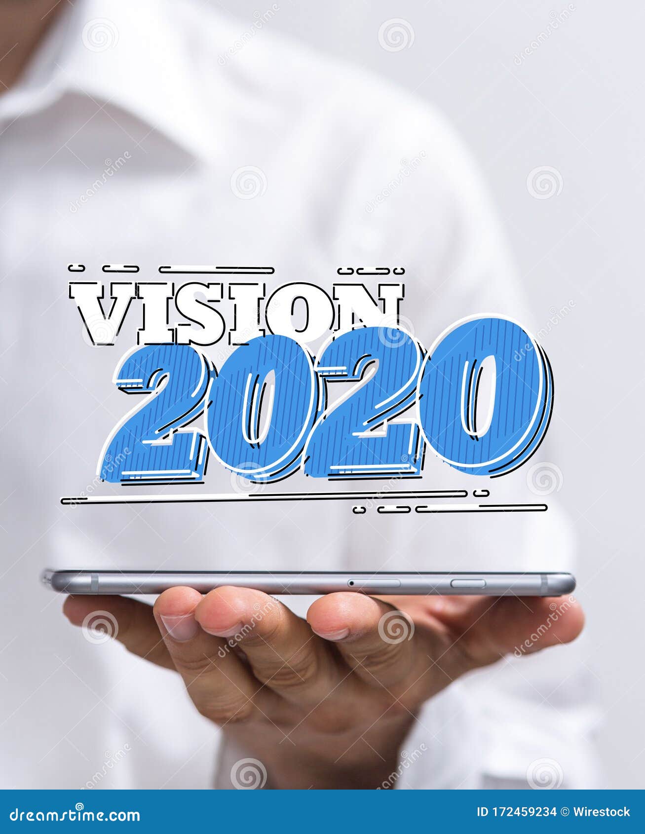 businessman presenting a virtual projection of a yearly business solution for the year twenty-twenty
