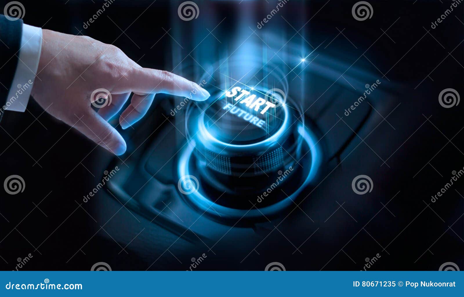 businessman press start future button with virtual light