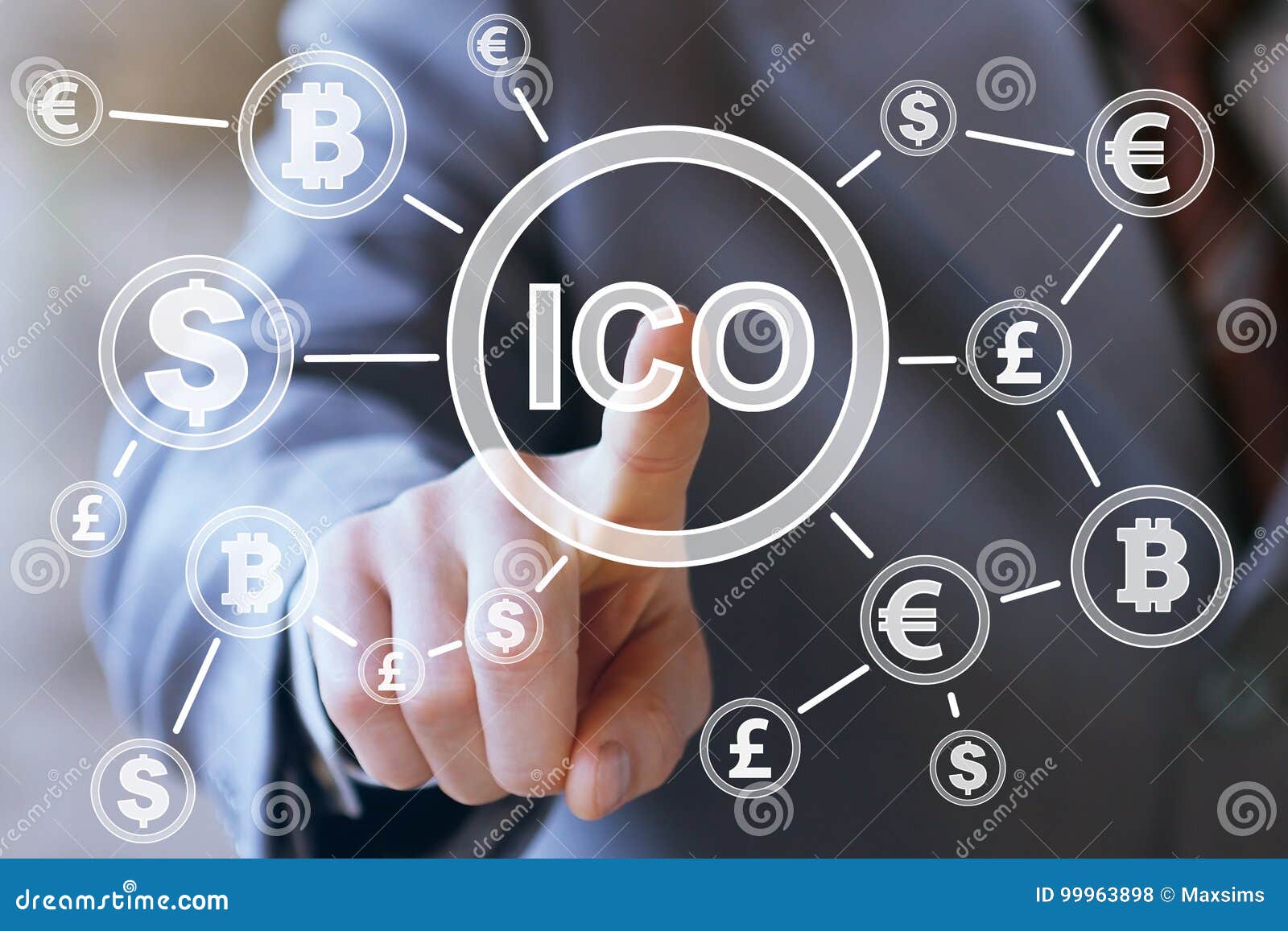 businessman presses currencies button ico initial coin offering on a virtual digital electronic user interface.