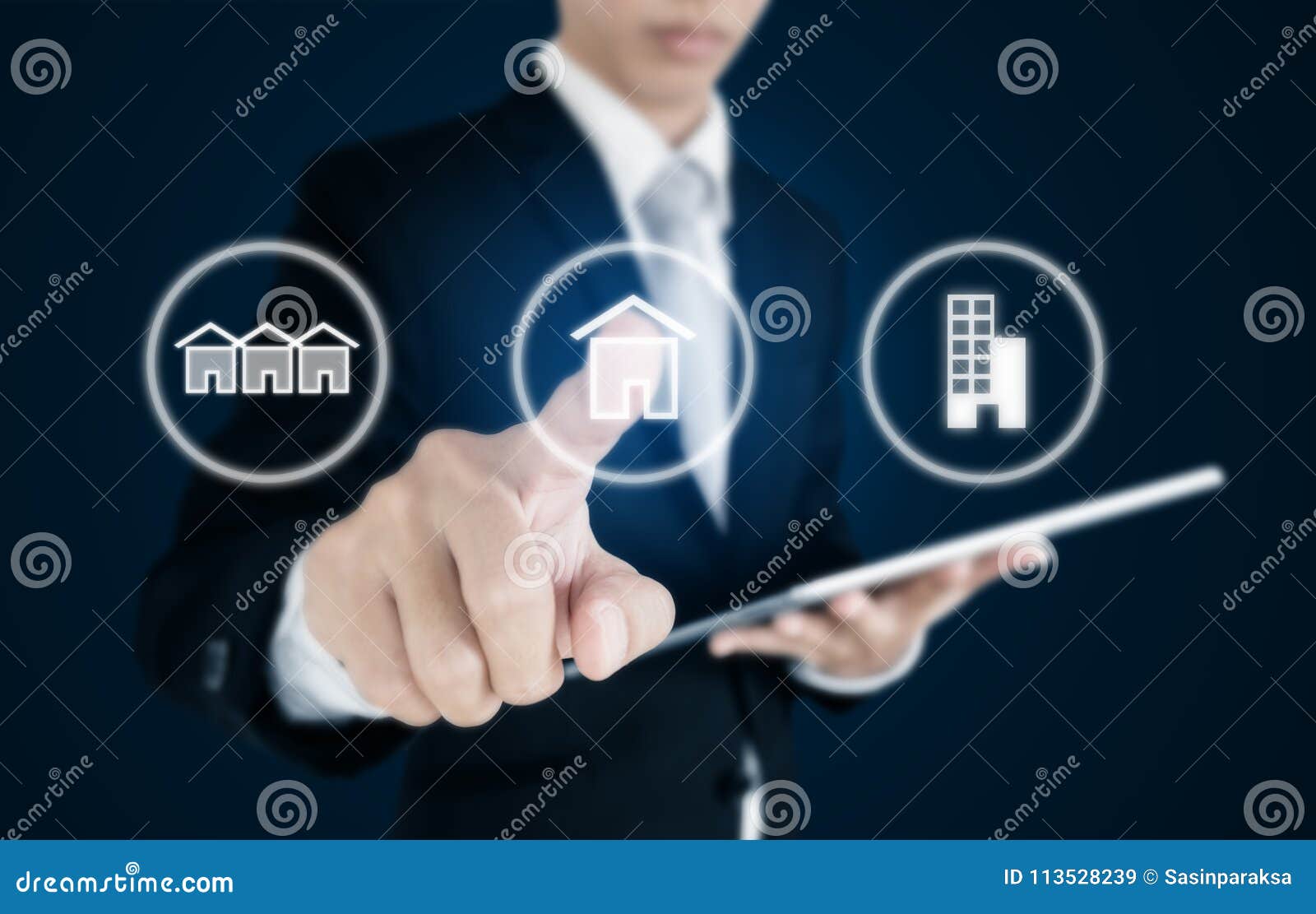businessman pressing real estate icons on screen. business investment in real estate, town house, single home and condominium