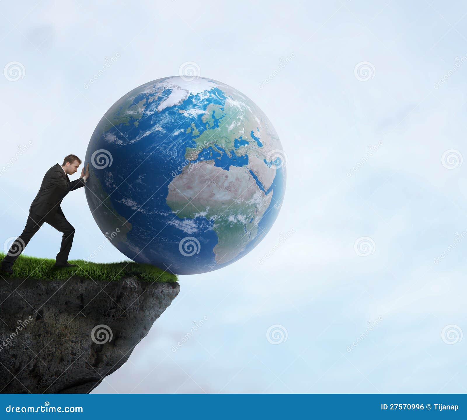 businessman pushing planet earth off a cliff